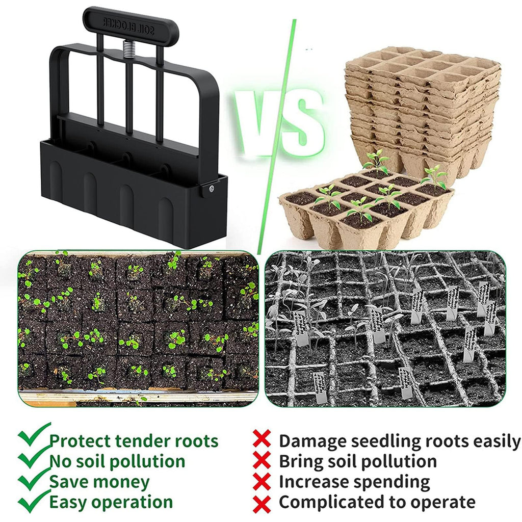 Soil Blocker with Comfortable Handle, 4 Cell Soil Block Maker 2 Inch Mold Blocking Tool for Seed Starting Germination, Grow Seedling No Transplant Shock