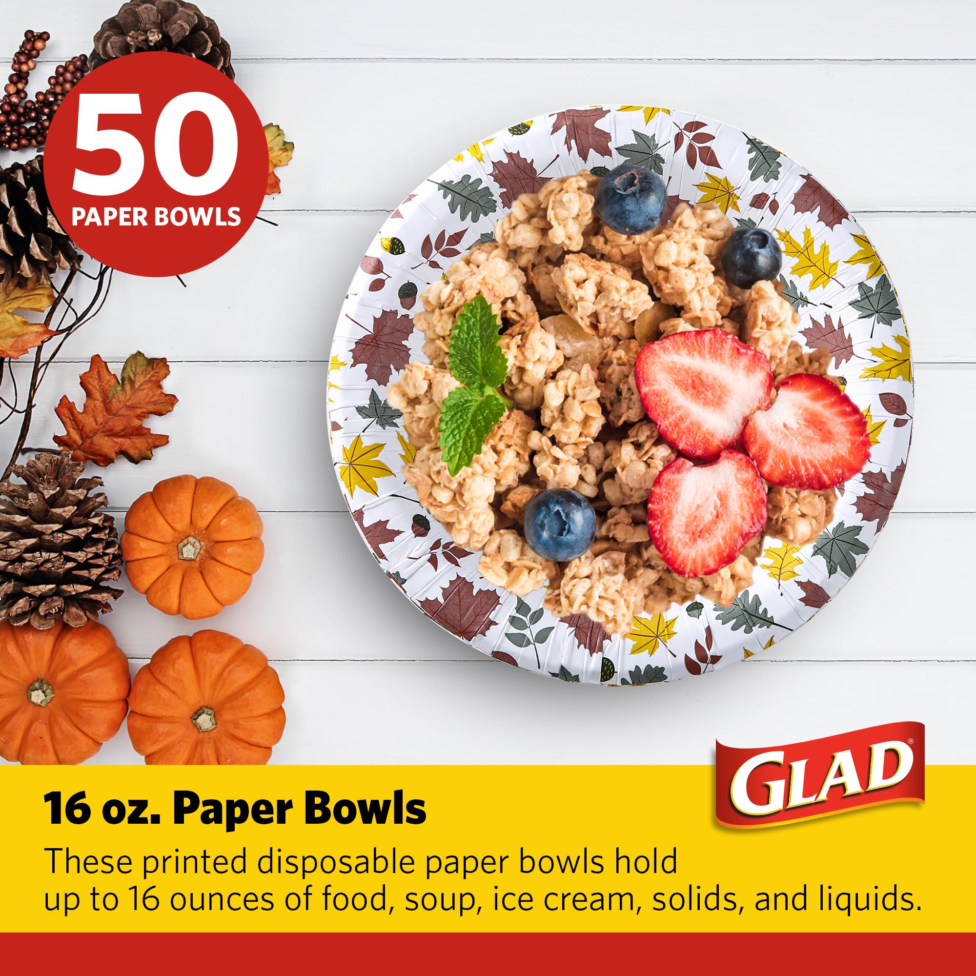 Glad Everyday Disposable Paper Bowls with Falling Foliage Design | Cut-Proof, Microwaveable Paper Bowls, Autumn Themed Disposable Bowls for Everyday Use | 16 Ounces, 50 Count
