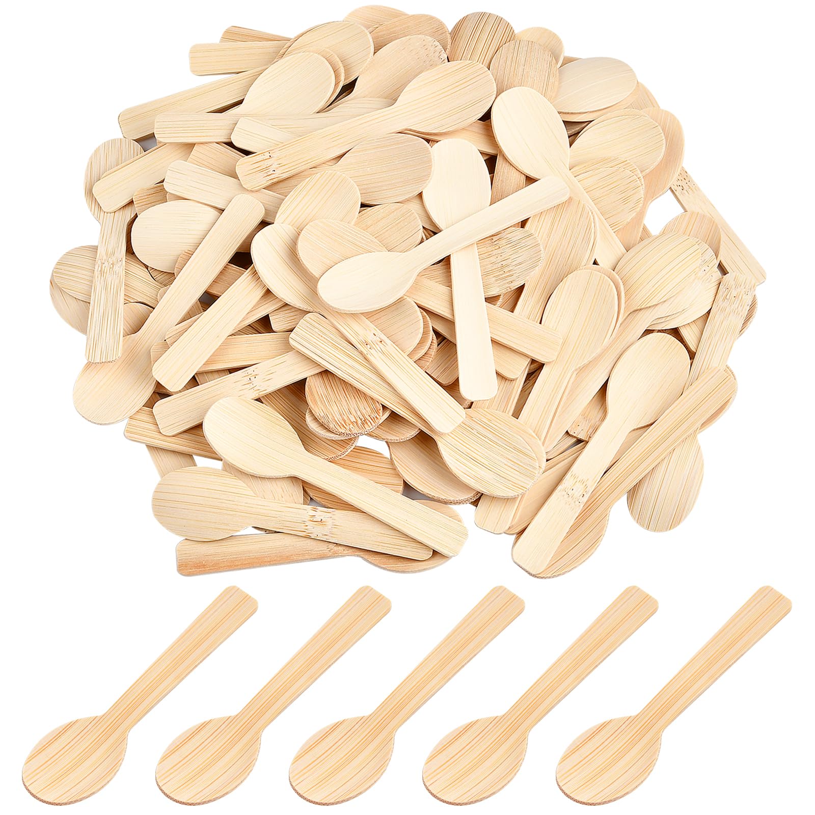 Worldity 200 Pcs 3.46" Small Bamboo Spoons, Ice Cream Spoons, Biodegradable Spoons for Eating, Disposable Spoons for Jelly Pudding Yogurt Dessert Cake