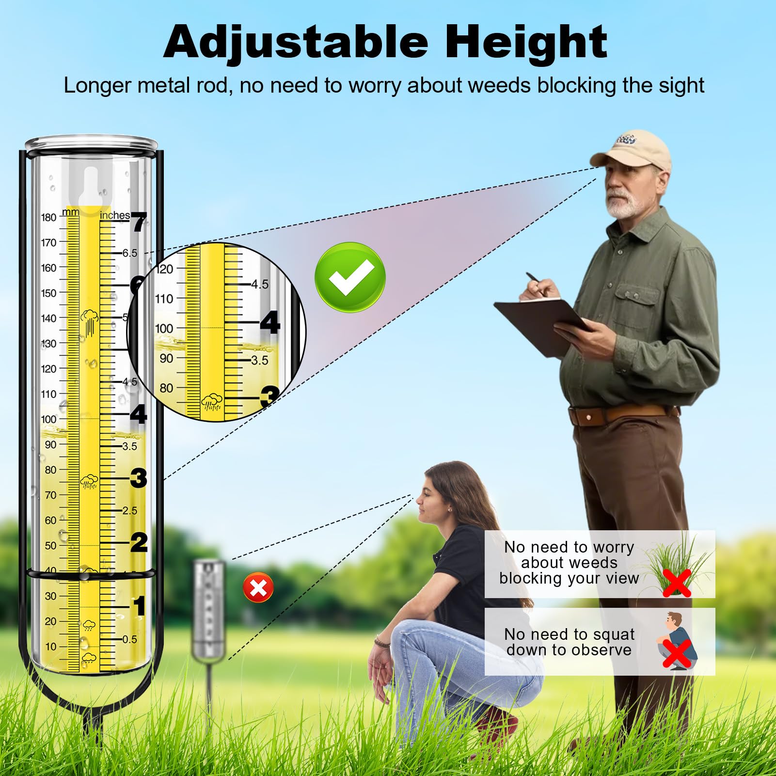 Rain Gauge Outdoor, Rain Gauges with Metal Stake for Yard, Upgraded Large Clear Numbers 7'' Freeze Proof Thickened Transparent Plastic Measure Tool Garden Lawn Adjustable Height 37'' Tall