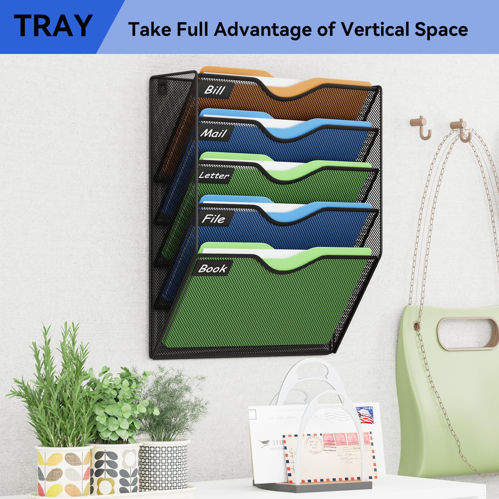 GDINDINFAN 5 Pockets Mesh Hanging Wall File Holder Organizer Wall Mounted Paper Magazine Rack, Black