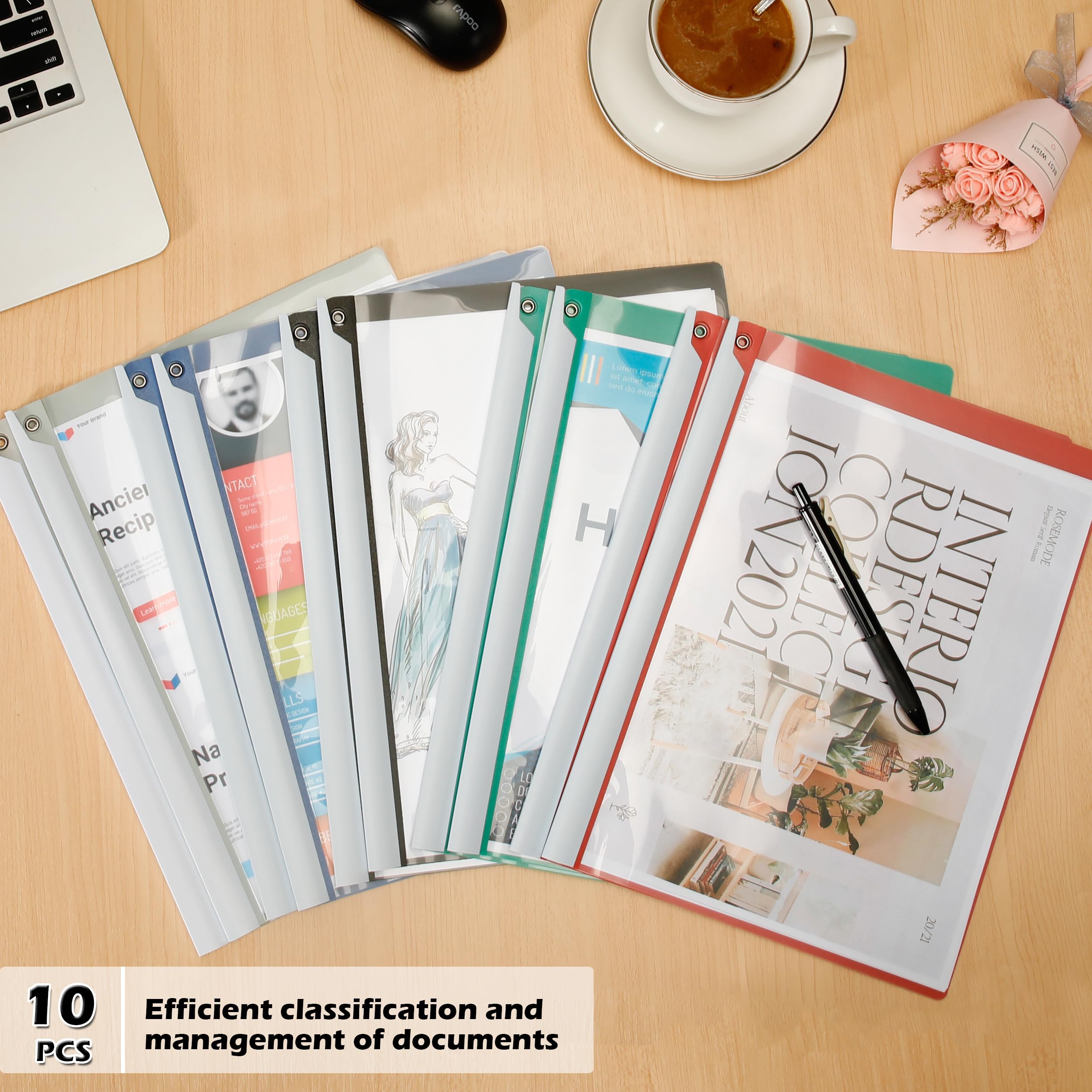 Dlicoda Report Sleeves with Swing Clip, 10 Pieces Clear Presentation Folders File Folder for A4/Letter Size, 8.9 x 11.8 inch, 40 Sheets Capacity, No Punch Needed (Multicolor)