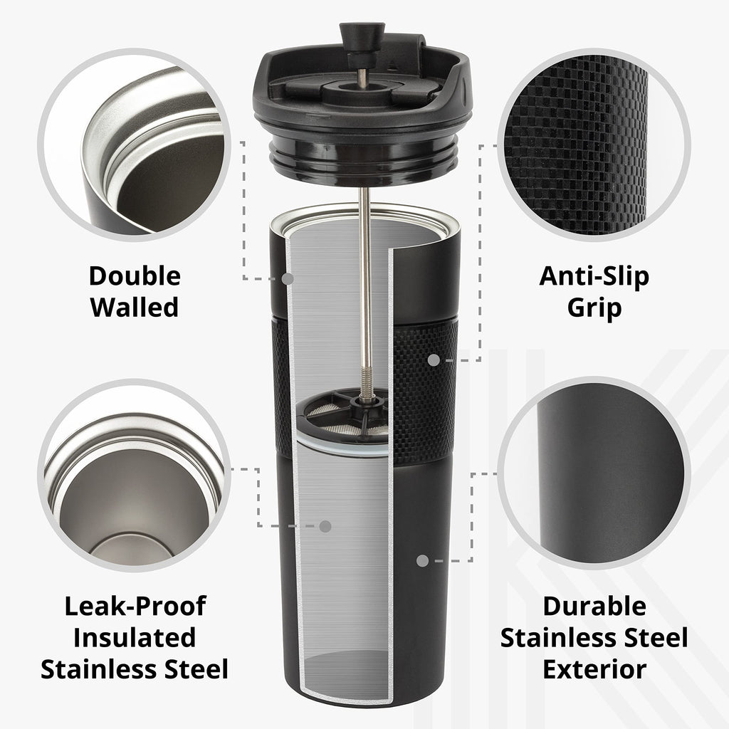 French Press Coffee Travel Mug - Portable Coffee Maker - French Press - Perfect for Tea and Coffee - Hot and Cold Coffee Press Brewer Thermoses Cup - Black - 450ml 15oz Stainless Steel