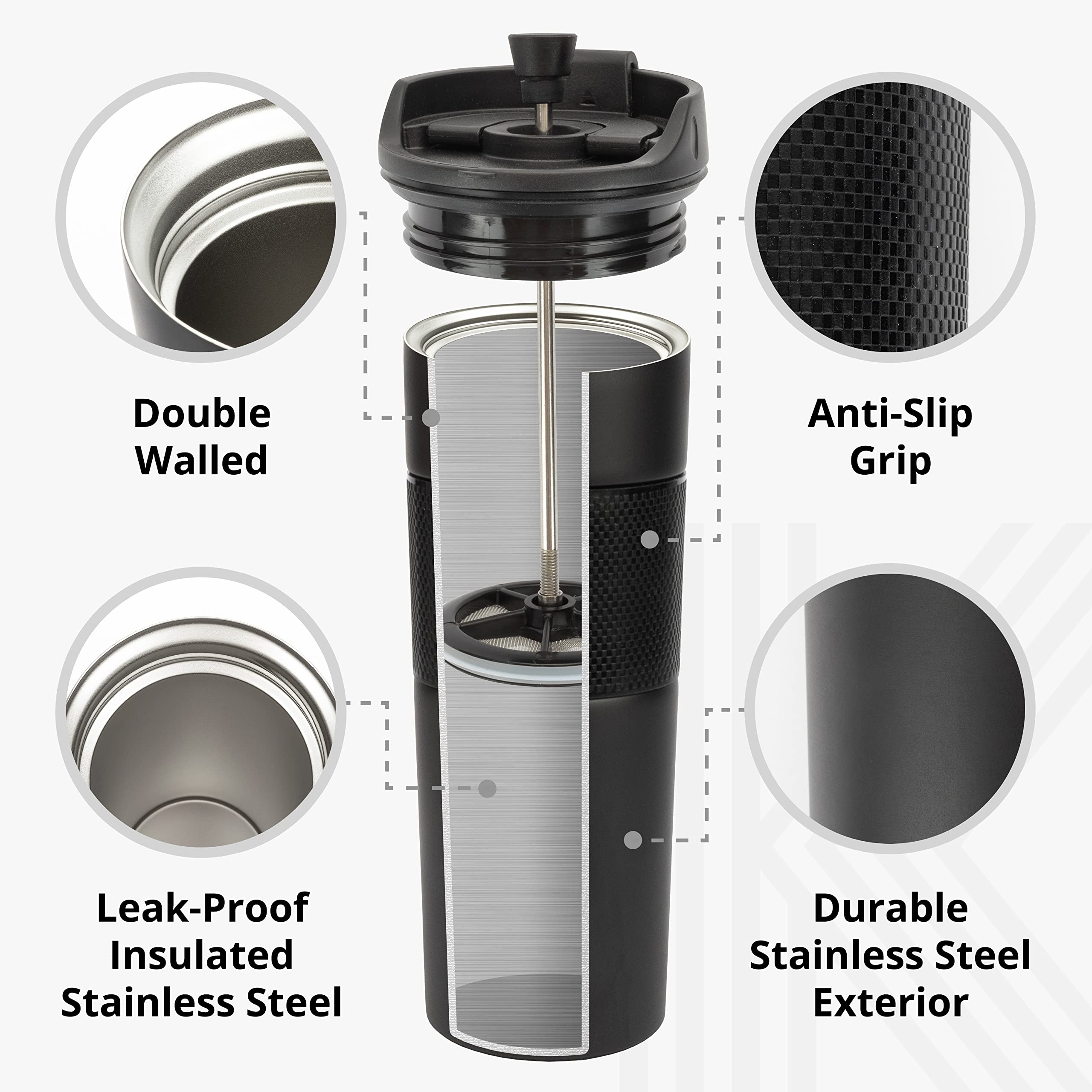 French Press Coffee Travel Mug - Portable Coffee Maker - French Press - Perfect for Tea and Coffee - Hot and Cold Coffee Press Brewer Thermoses Cup - Black - 450ml 15oz Stainless Steel