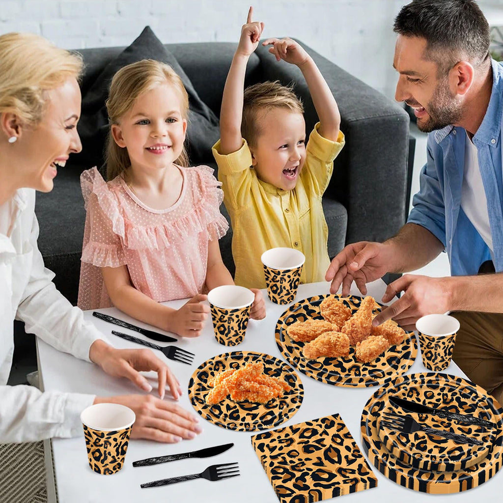 Poqirzan 144PCS Leopard Print Party Supplies Cheetah Print Party Tableware Set Paper Plates Napkins Cups Cutlery for Birthday Shower Baby Shower Jungle Safari Theme Party Decorations Serve 24