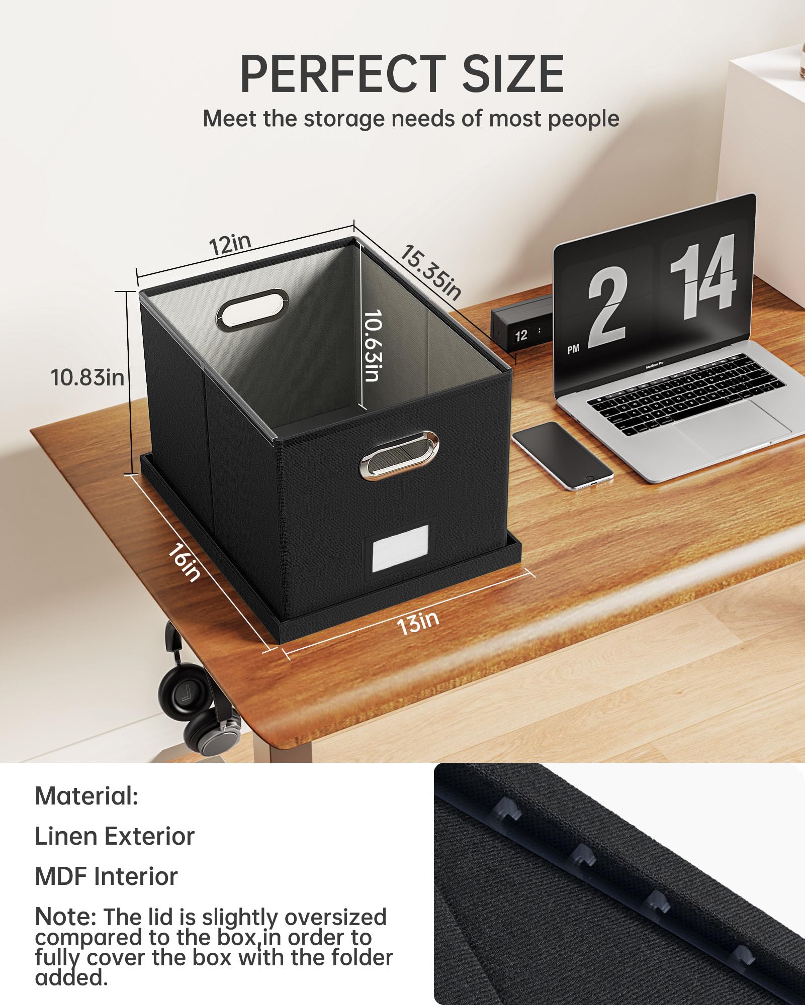 Oterri File Box with Lid & Handle, Letter Legal Size Filing Box, File Organizer for Hanging File Folders, File Folder Organizer Storage Bin for Home Office School (1 Pack, Black)