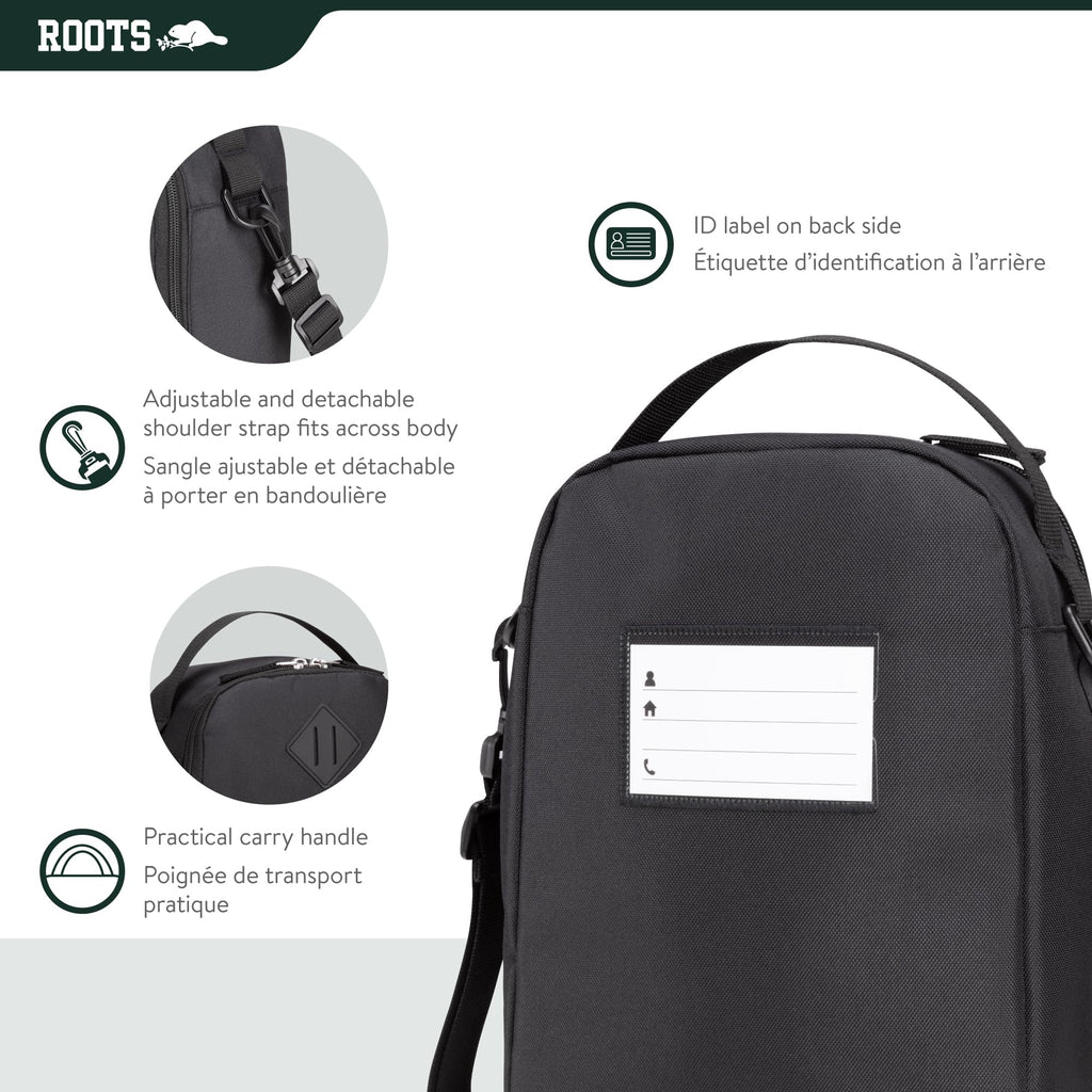 Roots Insulated Lunch Bag – Made from Recycled Polyester, with Exterior ID Label, Adjustable Shoulder Strap & 2 Zippered Compartments – 7L, Black