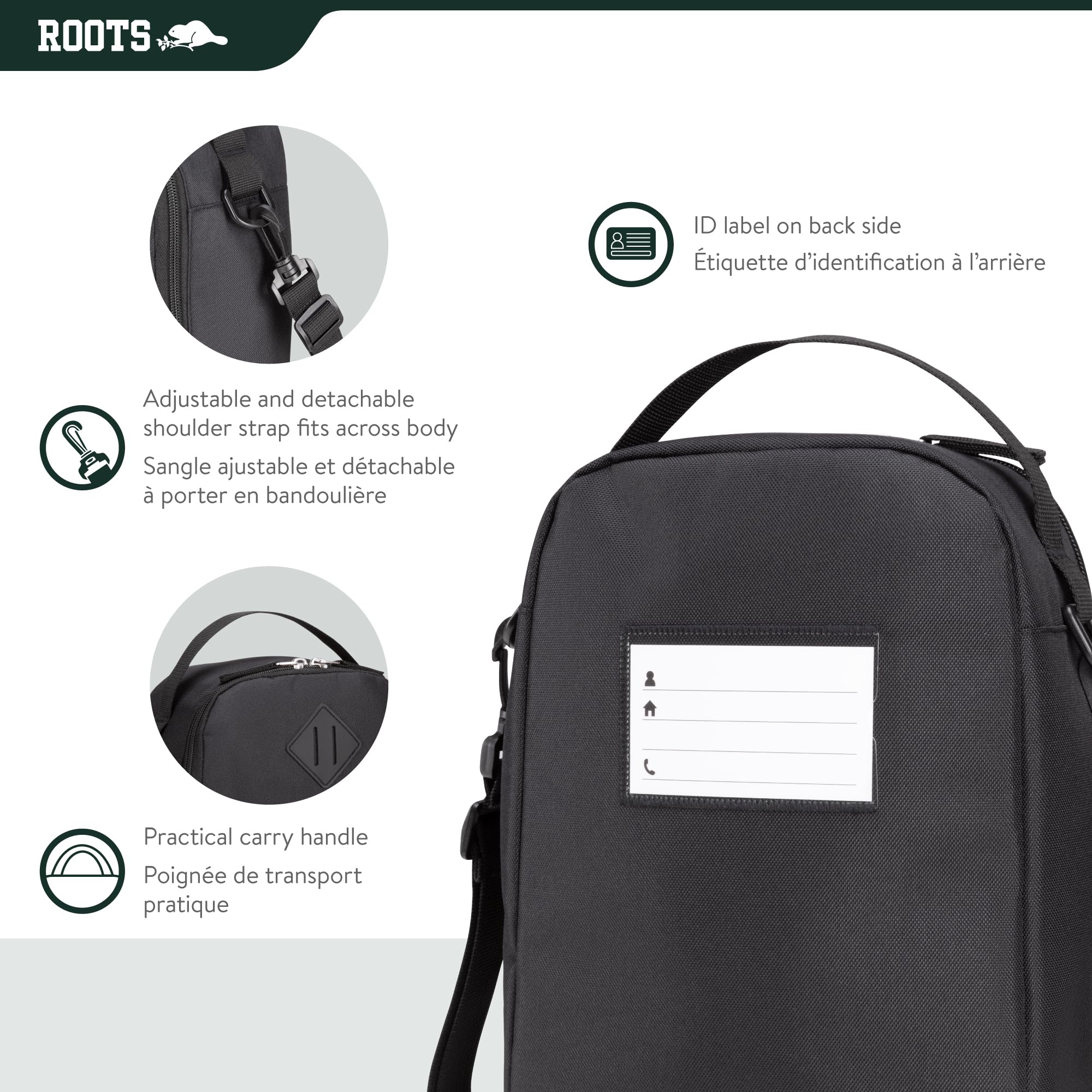 Roots Insulated Lunch Bag – Made from Recycled Polyester, with Exterior ID Label, Adjustable Shoulder Strap & 2 Zippered Compartments – 7L, Black