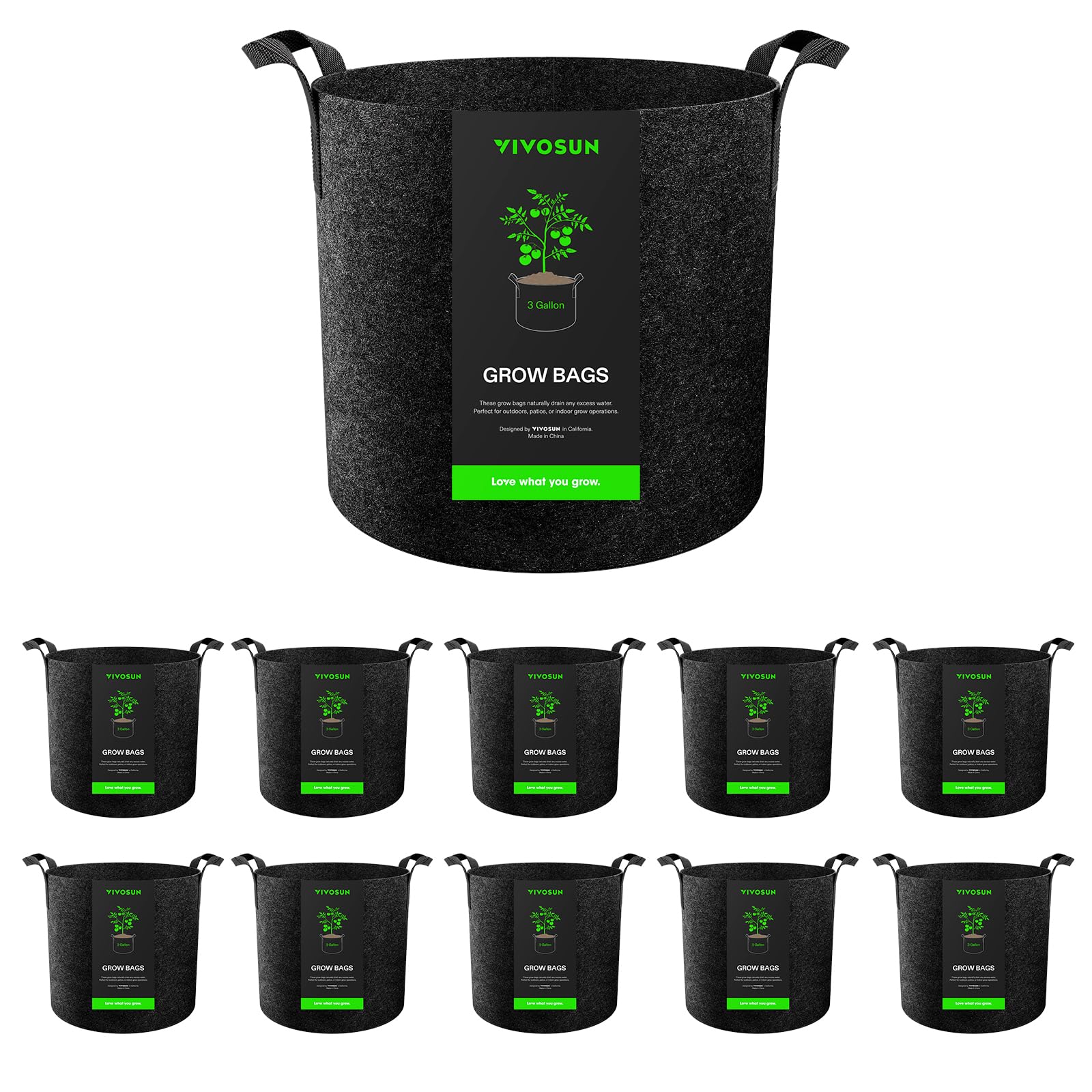 VIVOSUN 10-Pack 3 Gallon Grow Bags Heavy Duty 300G Thickened Nonwoven Plant Fabric Pots with Handles