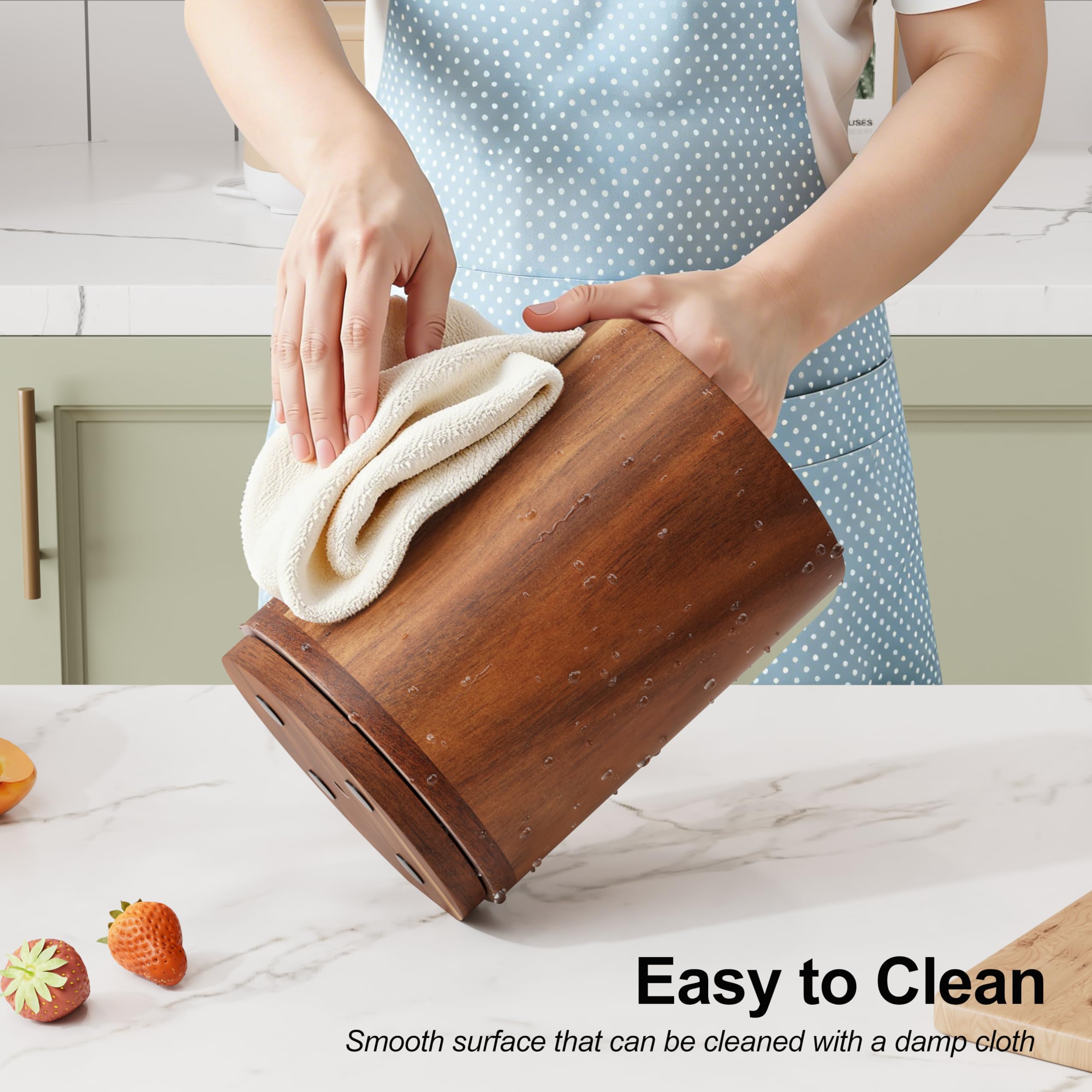 ZUJJAFY Utensil Holder, 360° Rotating Acacia Wood Kitchen Utensil Holder for Counter, 7.2" Large Cooking Utensil Crock for Countertop, Wooden Utensils Organizer for Cooking Spatula Storage