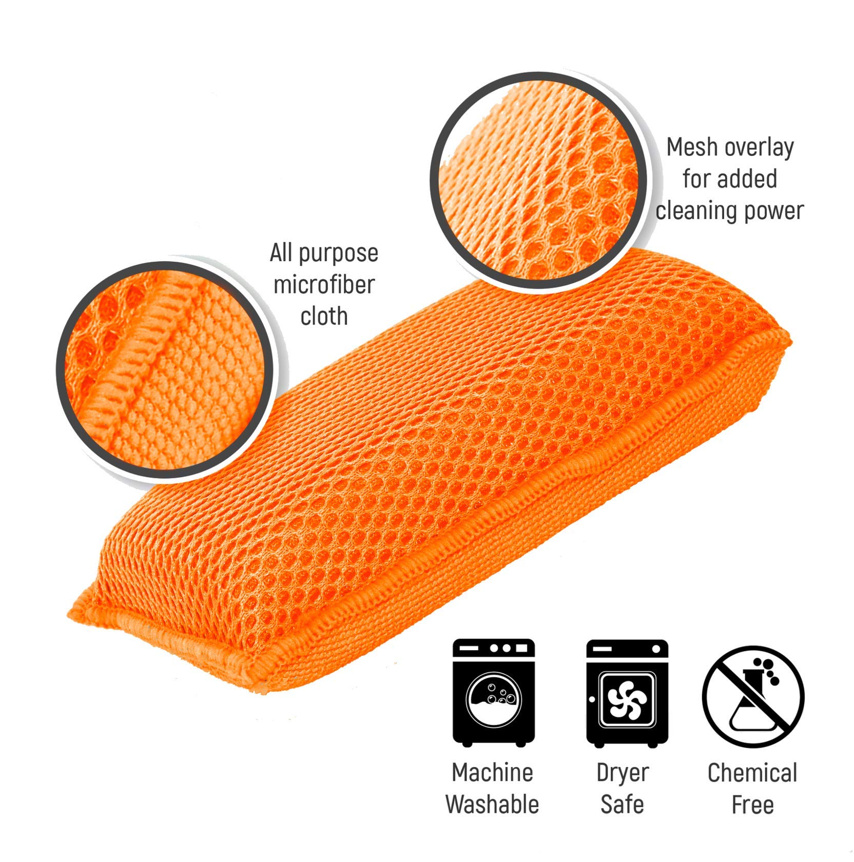 Commercial Miracle Microfiber Kitchen Sponge by Scrub-It - Large - Non-Scratch Heavy Duty Dishwashing Cleaning sponges- Machine Washable- (Orange, 6 Pack)
