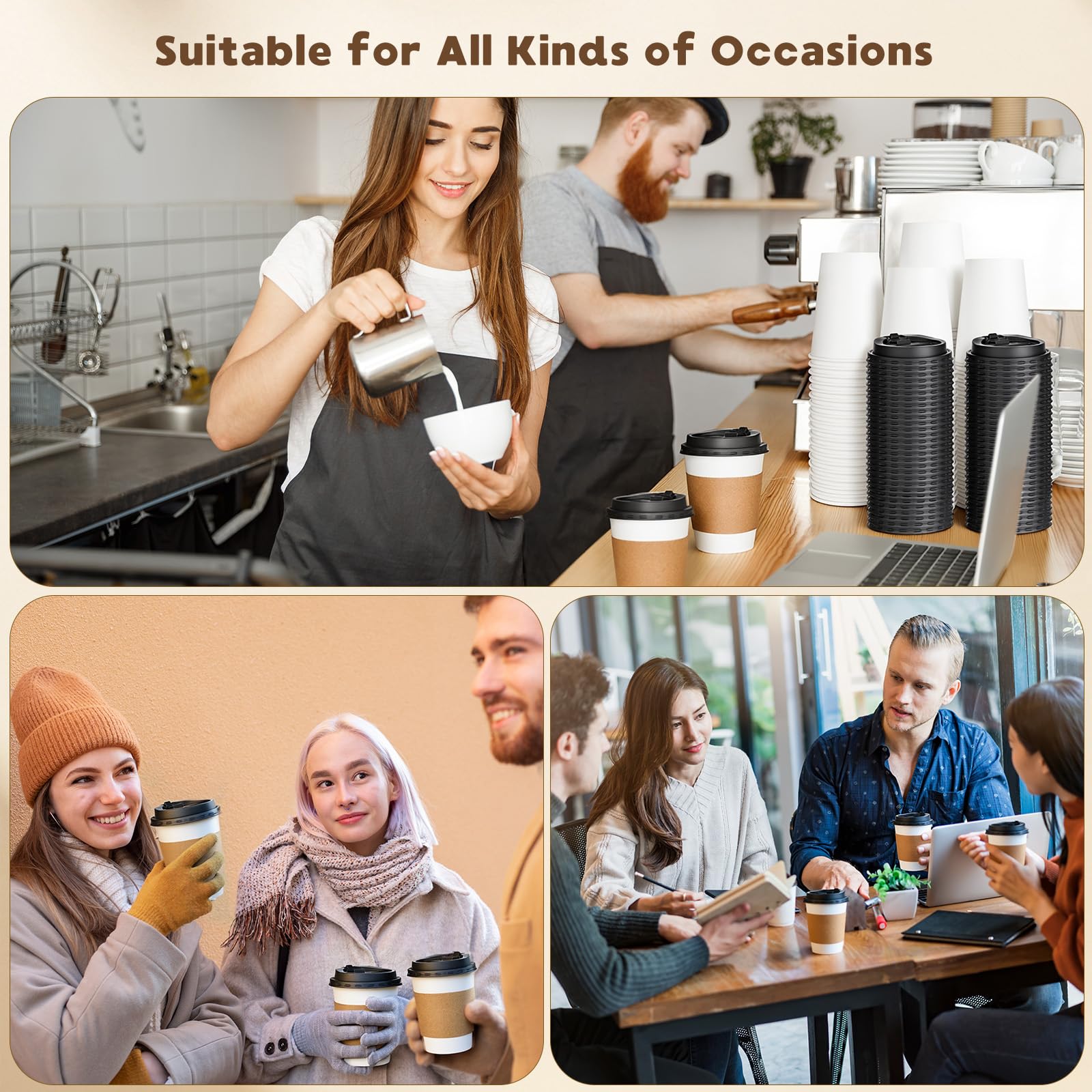 100 Pack 12oz Disposable Paper Coffee Cups with Lids & Sleeves, to Go Hot Coffee Cups for Tea Cocoa Chocolate Juice, Hot & Cold Drinking Paper Cup Bulk for Cafes Home Office Travels Parties