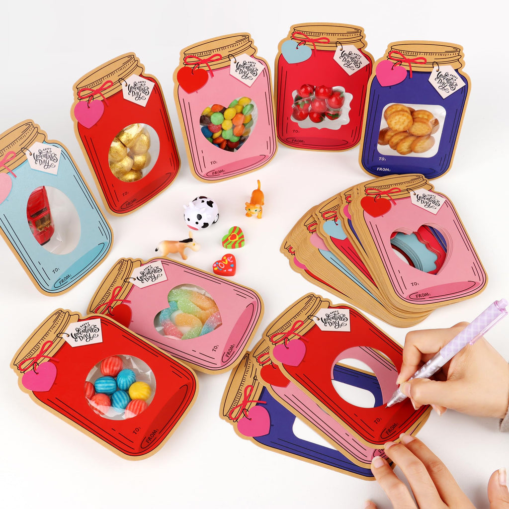 Giiffu 50 Pack Mason Jar Valentine Cards for Kids Classroom, 5 Color Designs DIY Valentine’s Day Cards with Treat Bags, Candy Valentines for School Exchange Party Favors (Candy Not Included)