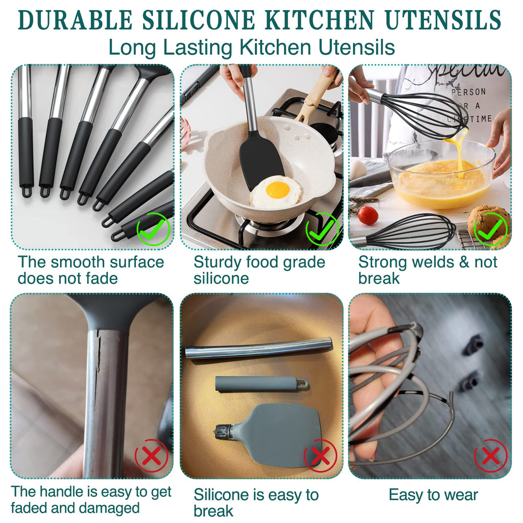 Silicone Cooking Utensil Set, Umite Chef 15pcs Silicone Cooking Kitchen Utensils Set, Non-Stick Heat Resistant - Best Kitchen Cookware with Stainless Steel Handle - Black