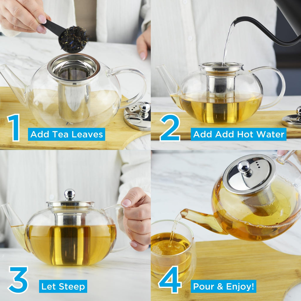 GROSCHE - Joliette Borosilicate Glass Teapot with Stainless Steel Infuser - 4 Cup Glass Teapot with Removable Strainer for Loose Leaf & Herbal Tea, Dishwasher Safe, Canadian Brand! 1250ml 42 fl. oz