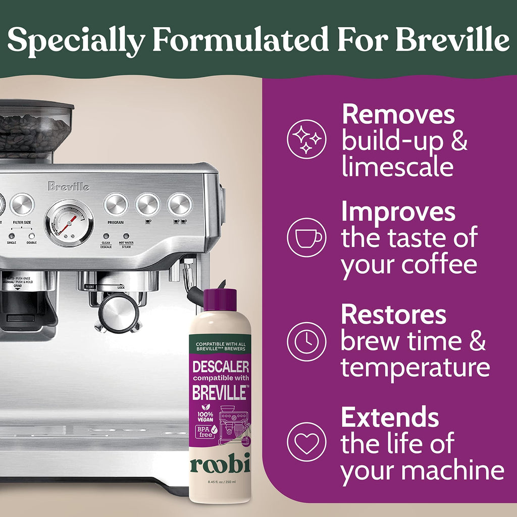 Roobi Compatible Descaling Solution for Breville. Specially Formulated to Clean & Descale your Breville Machine. 2 Uses per Bottle, 2 Pack. Eco-Friendly Carbon Neutral Maintenance Kit.