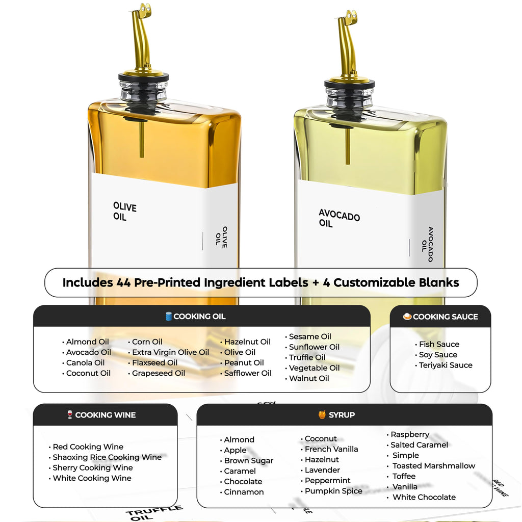Spaceneat Olive Oil Dispenser Bottle – Includes 48 Kitchen Essential Labels – Cooking Oil Bottles for Kitchen, Coffee Syrup Dispenser – Pourer Spout with 350 mL Glass Container Cruet – 2pcs, Gold