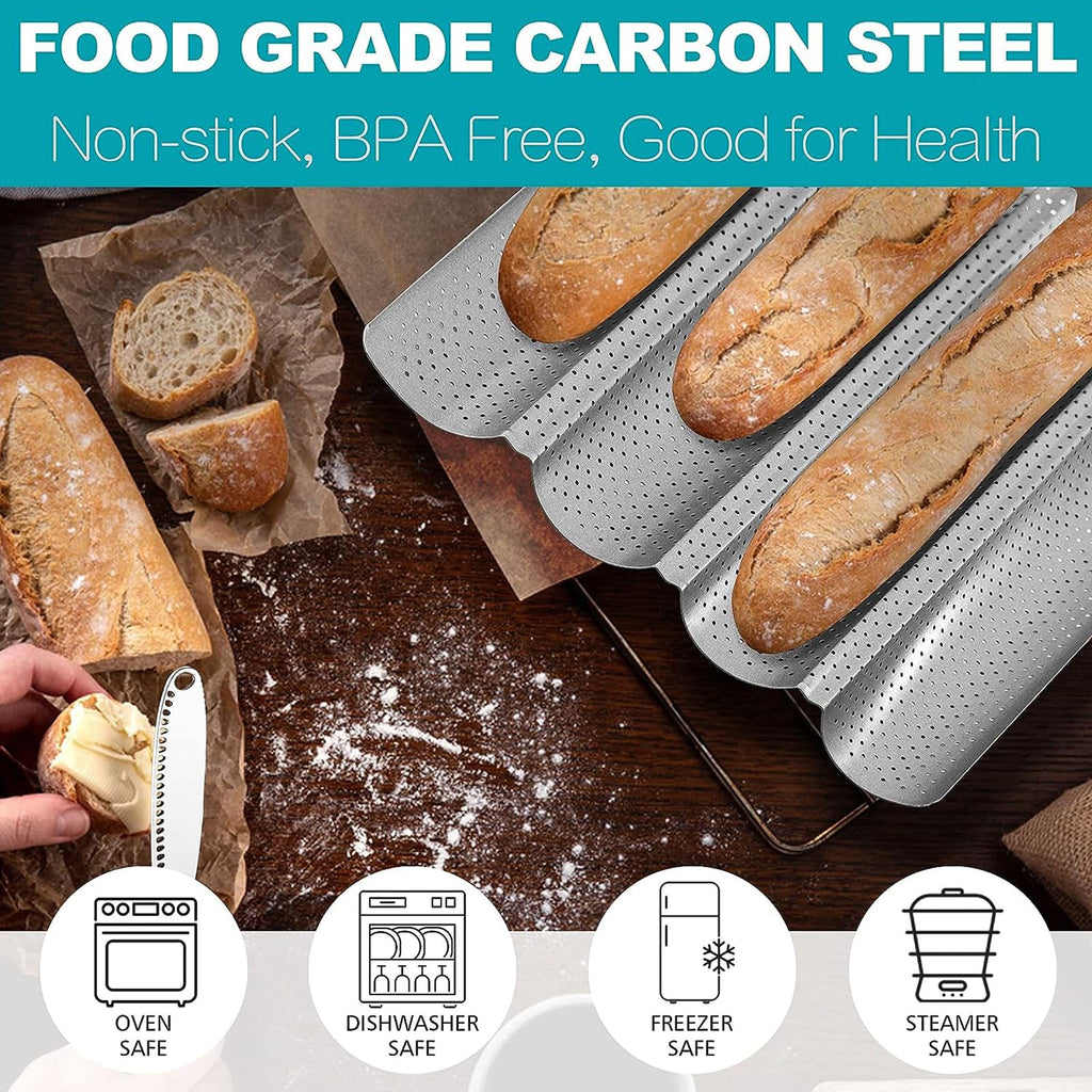 Feishiong French Baguette Bread Pan,with Professional Proofing Cloth, 15"X 13" Non-Stick French Bread pan, 4 Wave Loaves Loaf Baguette pan for Baking Toast Perforated Bakers Molding