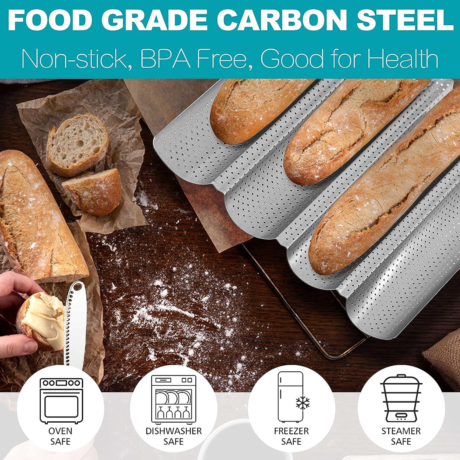 Feishiong French Baguette Bread Pan,with Professional Proofing Cloth, 15"X 13" Non-Stick French Bread pan, 4 Wave Loaves Loaf Baguette pan for Baking Toast Perforated Bakers Molding