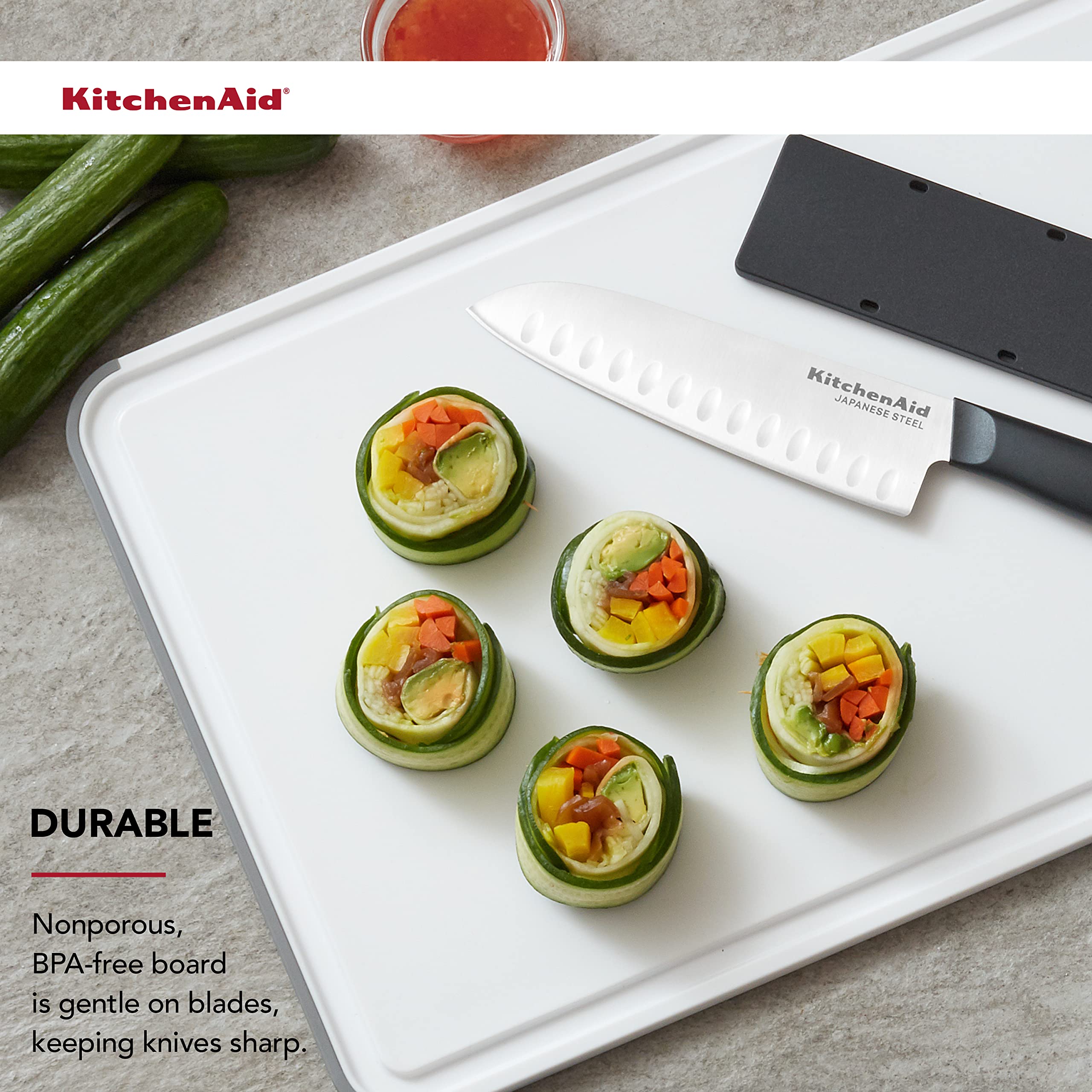 KitchenAid Classic Plastic Cutting Board with Perimeter Trench and Non Slip Edges, Dishwasher Safe, 12 inch x 18 inch, White and Gray
