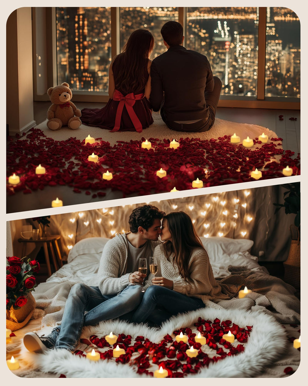 AMAGIC 24 Pack Heart White Tealights with 2000 Pas Red Black Artificial Petals, Battery Candle Flameless Tea Light, for Proposal, Valentine's Day, Wedding, Romantic Night Decor