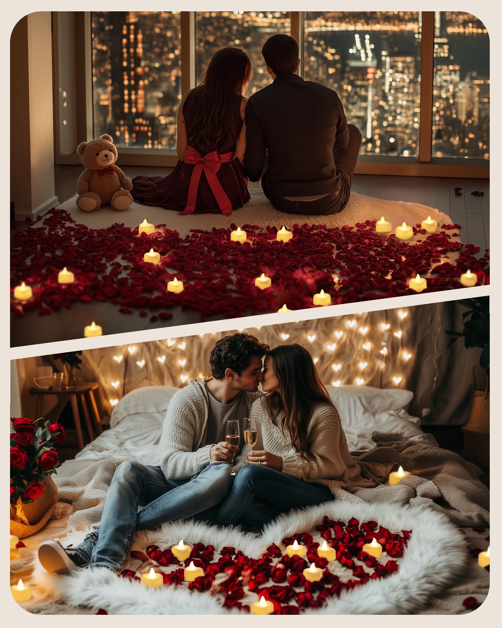 AMAGIC 24 Pack Heart White Tealights with 2000 Pas Red Black Artificial Petals, Battery Candle Flameless Tea Light, for Proposal, Valentine's Day, Wedding, Romantic Night Decor