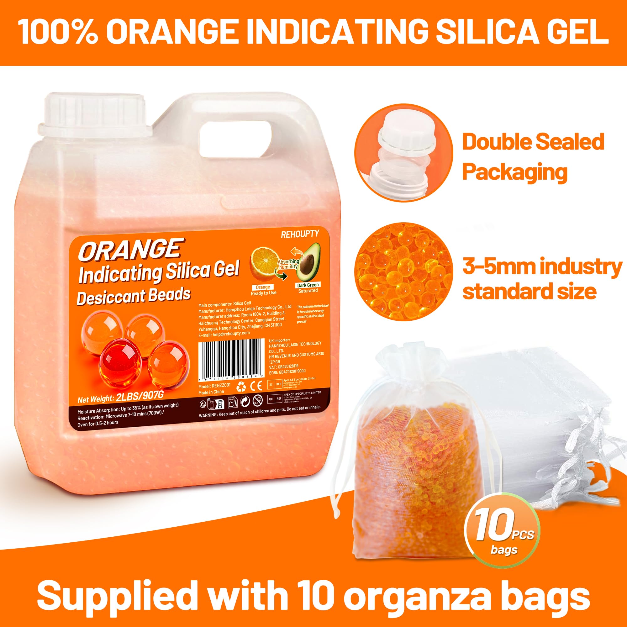 REHOUPTY Orange Silica Desiccant Beads 2LBS, Reusable Indicating Silica Gel Beads, 3-5mm Desiccant Dehumidifier Beads for 3D Filament, Electronic Devices, Camera, Jewelry (10 Organza Bags Included)