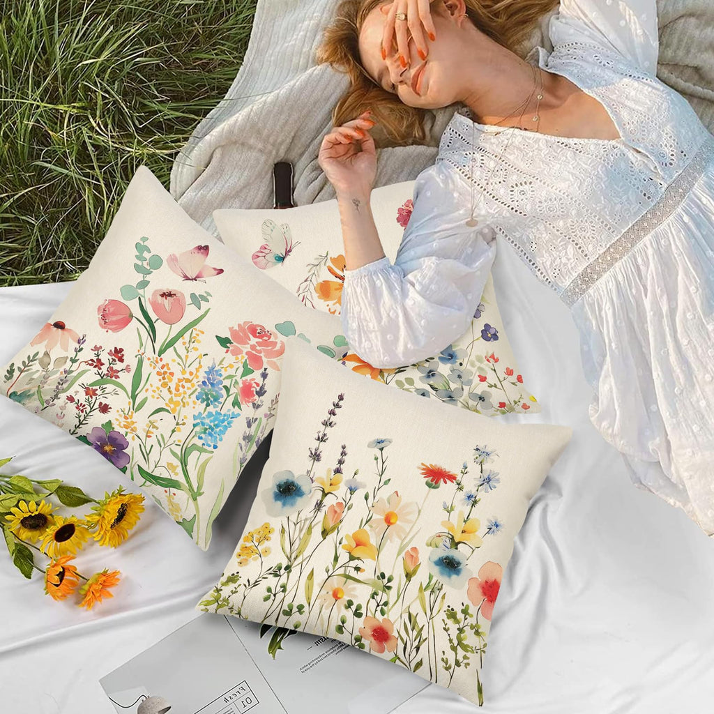 Betylifoy Throw Pillow Covers 18x18 Set of 4 Spring Floral Cushion Covers Outdoor Farmhouse Wildflower Butterfly Decorative Pillowcases Linen Cushion Case for Home Bedroom Sofa Patio