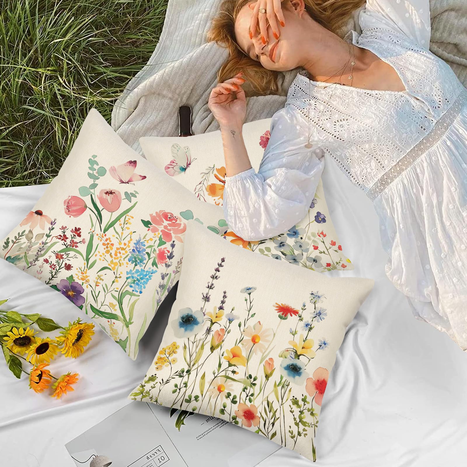 Betylifoy Throw Pillow Covers 18x18 Set of 4 Spring Floral Cushion Covers Outdoor Farmhouse Wildflower Butterfly Decorative Pillowcases Linen Cushion Case for Home Bedroom Sofa Patio