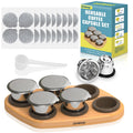 CAPMESSO Reusable Capsules for Nespresso OriginalLine, 6pcs Nespresso Refillable Pods Stainless Steel Coffee Pods Compatible with Nespresso OriginalLine Machine (6 Pods + 100 Lids + Wood Storage Tray)