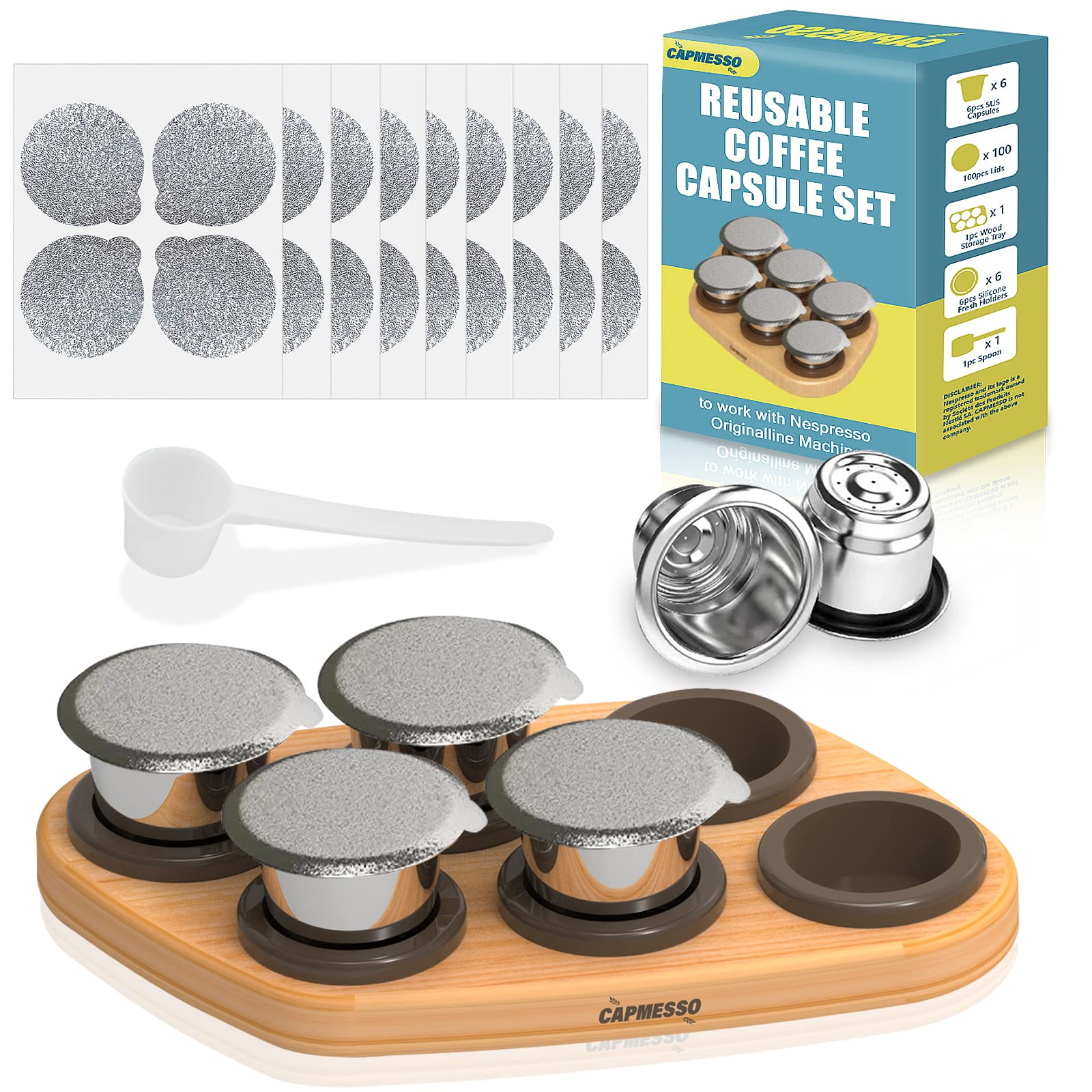 CAPMESSO Reusable Capsules for Nespresso OriginalLine, 6pcs Nespresso Refillable Pods Stainless Steel Coffee Pods Compatible with Nespresso OriginalLine Machine (6 Pods + 100 Lids + Wood Storage Tray)