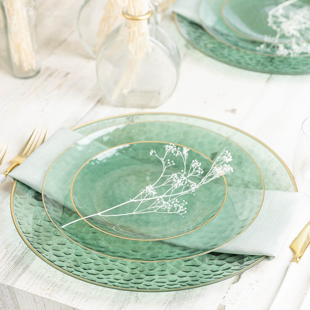 PLASTICPRO 30 Pack Hammered Plastic Plates Heavyweight Disposable Plastic Plates Elegant Clear Hammered Rim Platsic Party Dishes (Hamered Green With Gold Rim, 7'' INCH PLATES)
