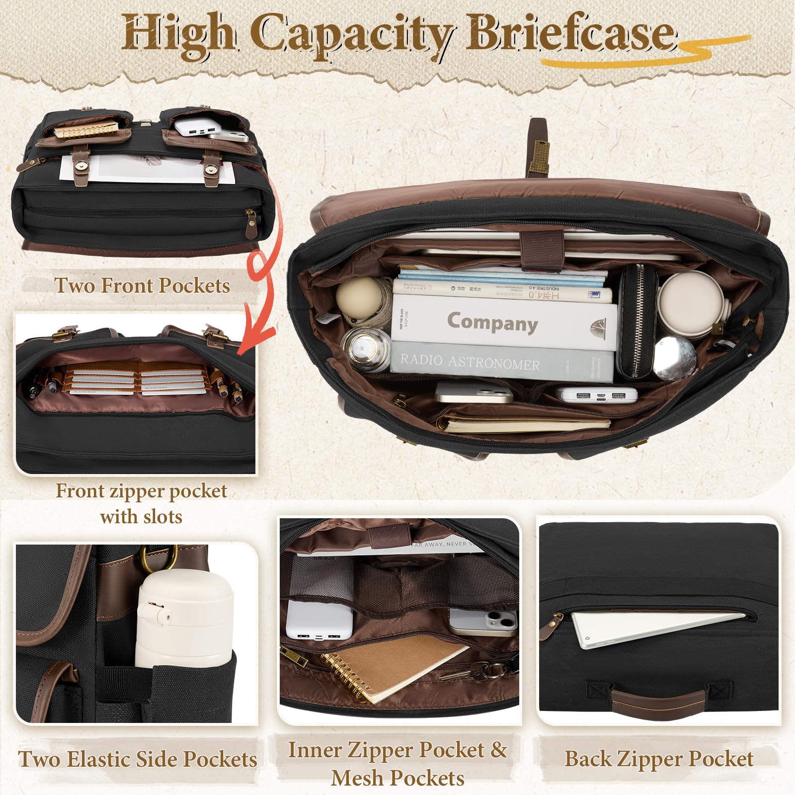 RAINSMORE Canvas Messenger Bag Men 17.3 Inch Laptop Bag Waterproof Computer Briefcase Retro Satchel Bag Large Shoulder Bag