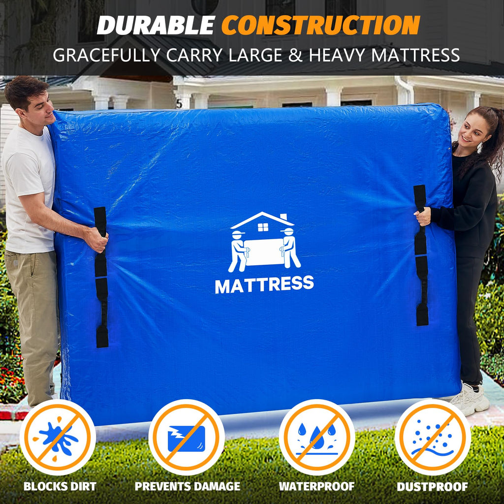 Mattress Bag for Moving, BETU Waterproof Mattress Protector Mattress Cover (Queen) Storage Bags with 8 Heavy-Duty Handles and Zipper for Bed Extra Thick Large Reusable (82"x62"x15" Blue)