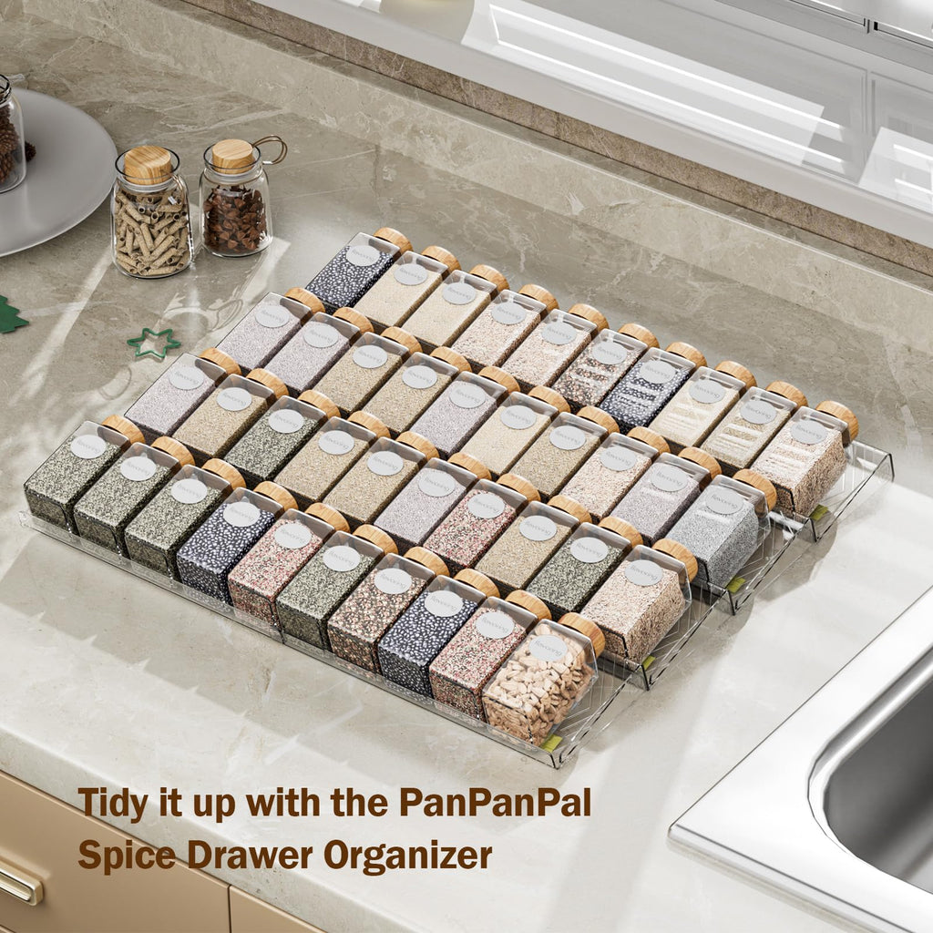 PanPanPal Spice Drawer Organizer, 8 Pack Clear Seasoning Organizer Rack, Expandable From 11" to 22" Wide Kitchen Spice Rack Organizers for Drawer, Countertop (Jars Not Included)