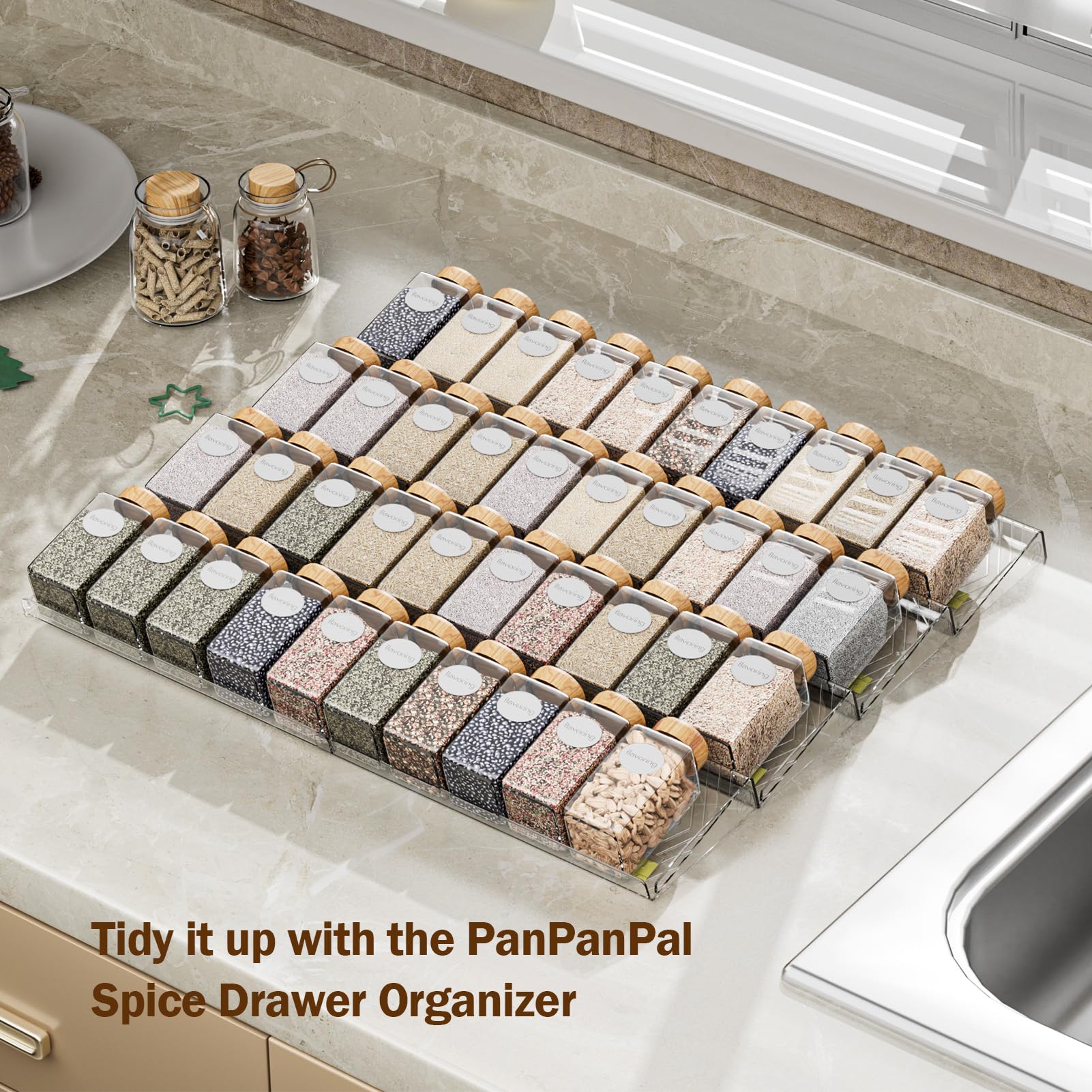 PanPanPal Spice Drawer Organizer, 8 Pack Clear Seasoning Organizer Rack, Expandable From 11" to 22" Wide Kitchen Spice Rack Organizers for Drawer, Countertop (Jars Not Included)