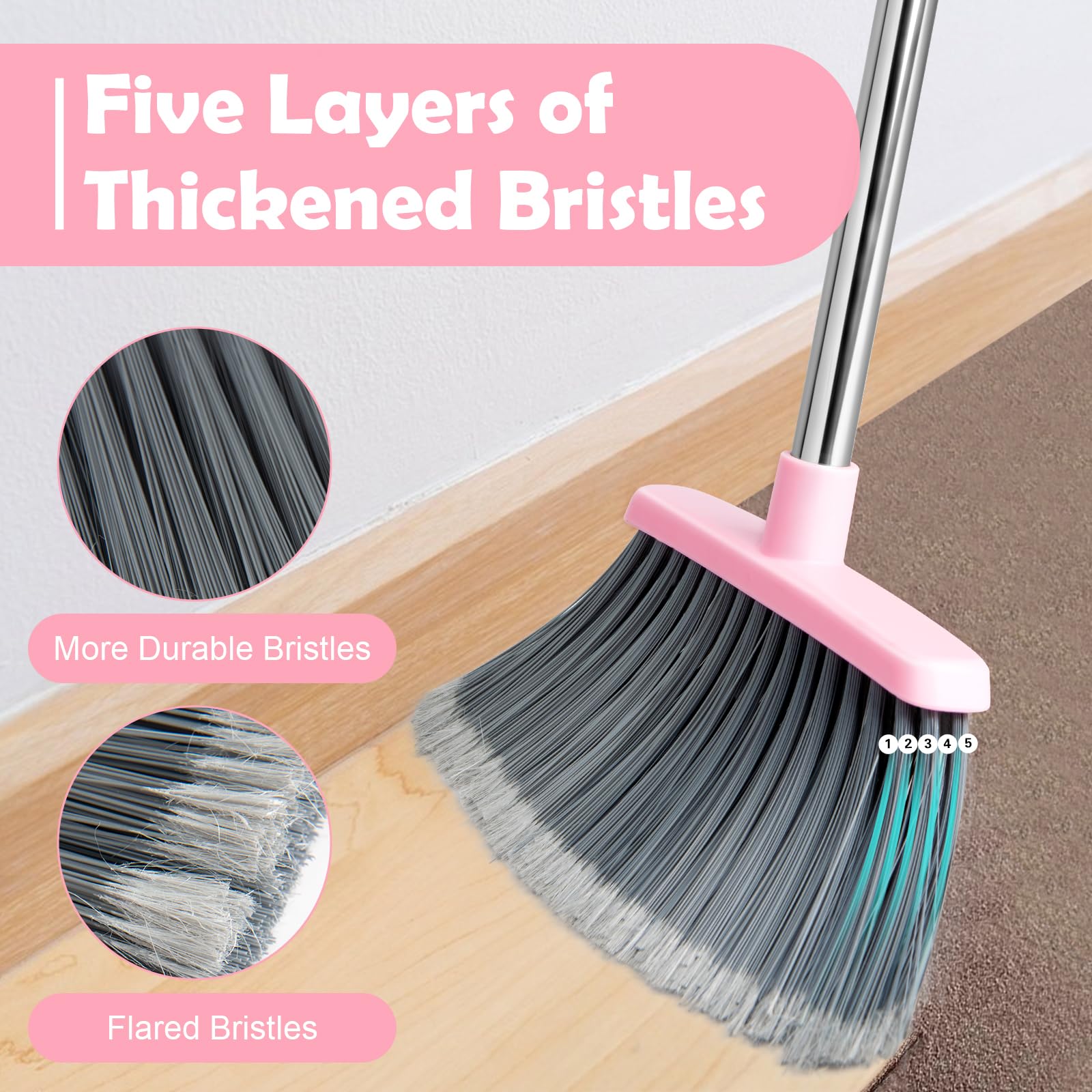 XXFLOWER Broom and Dustpan Set with Split Bristles,Upright Standing Dust Pan with Comb Teeth for Floor Cleaning,Broom with Dustpan Combo with Long Handle for Home Kitchen Lobby Office(Gray Pink)