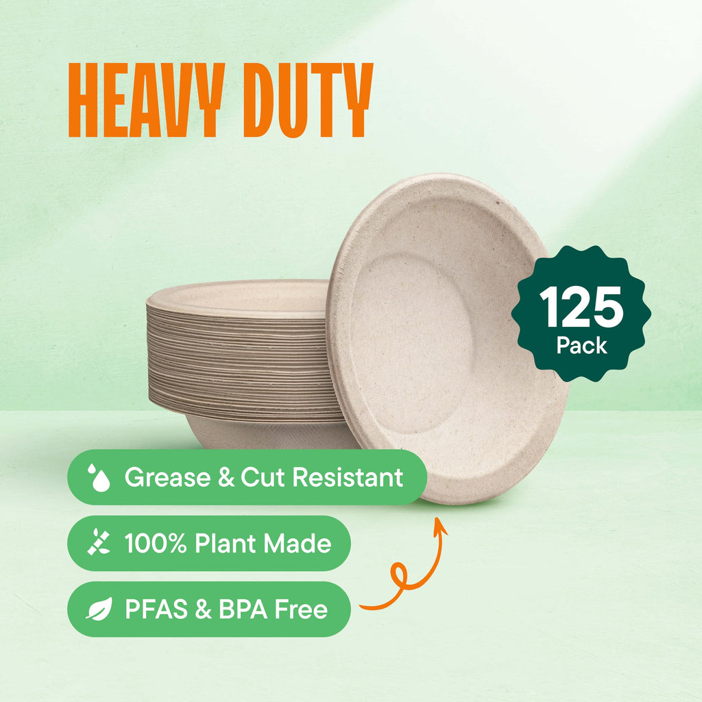 100% Compostable 16 oz. Paper Bowls [125-Pack] Heavy-Duty Disposable, Bulk Pack, Eco-Friendly Natural Unbleached Bagasse, Hot or Cold Use, Biodegradable Made of Sugar Cane Fibers