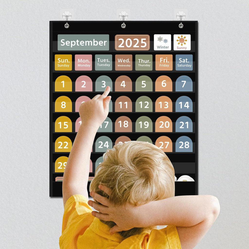 REGELETO Large Boho Calendar Pocket Chart with 96 Cards for Classroom, Size:32.25 x 24.125 inch Black Monthly Calendar and Weather Pocket Chart for Students Learning for Home or school.