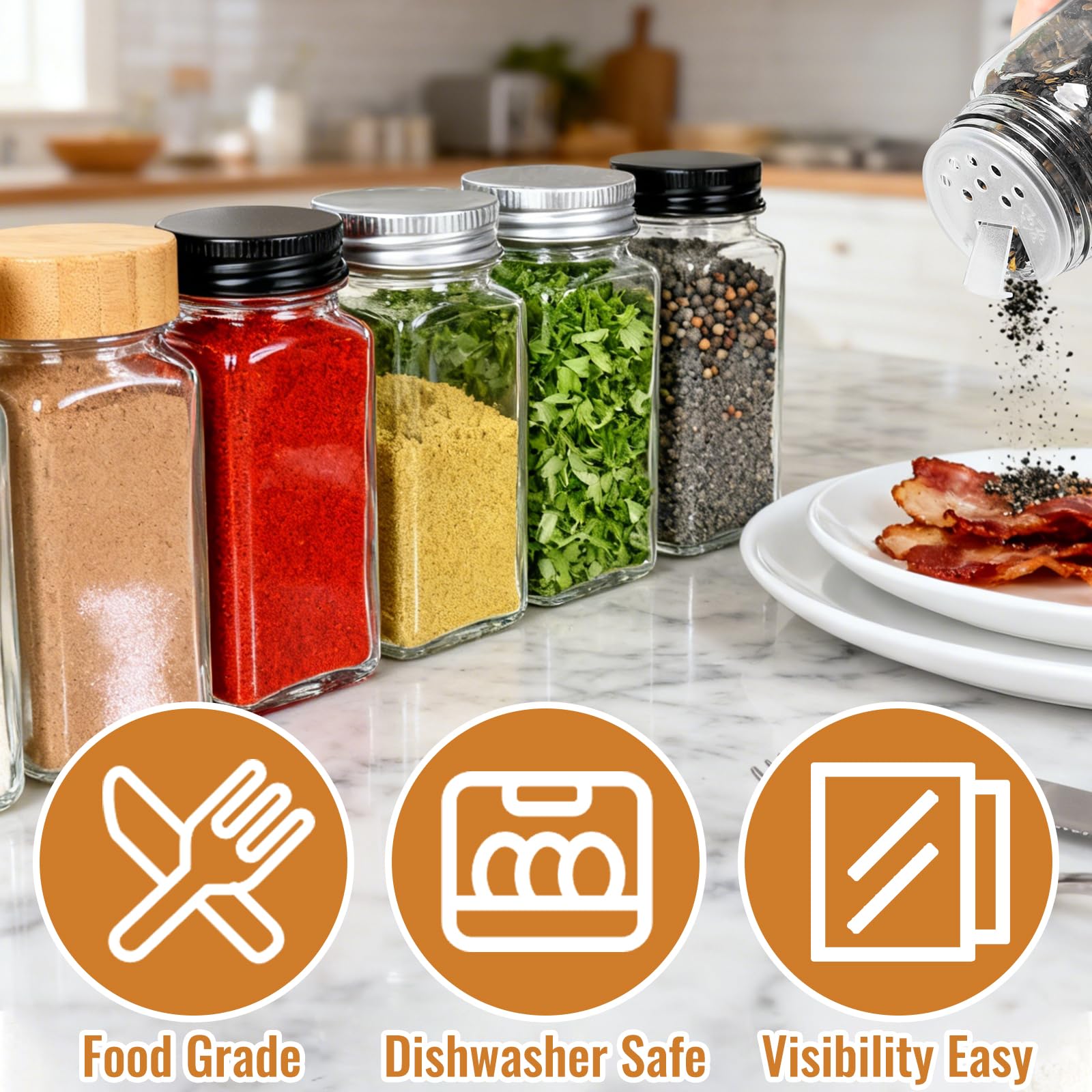 4oz Glass Spice Jars with Bamboo Lids, 24 Pack Empty Square Spice Bottles with Grinder, Stickers and Brush for Cabinet, Drawer, Rack, Pantry, Kitchen and Seasoning Organizer