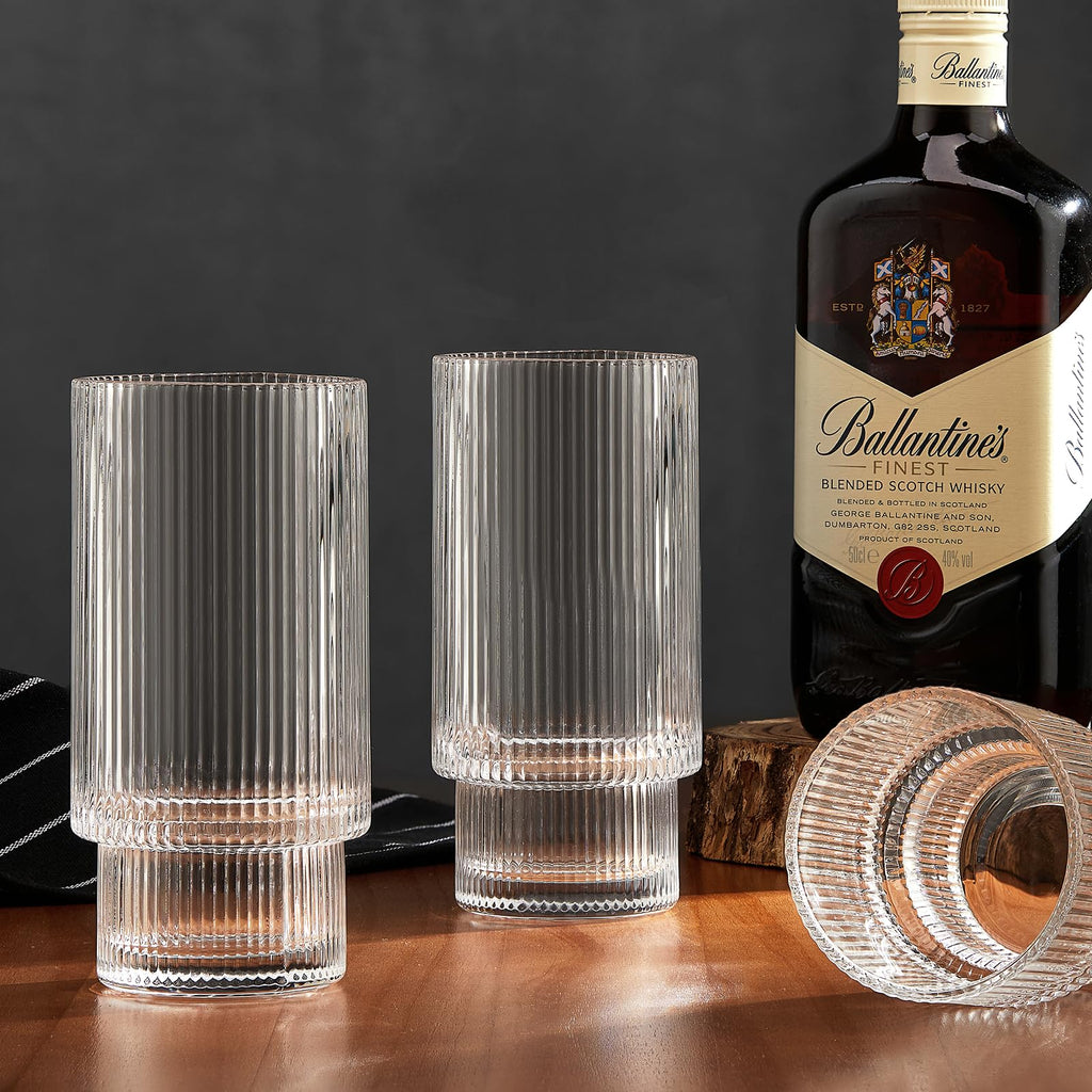 Qipecedm 6 Pack Ribbed Drinking Glasses - 16 oz Vintage Glass Cups, Highball Cocktail Glasses, Premium Iced Coffee Tumblers, Elegant Glassware for Water, Juice, Whiskey, Beer