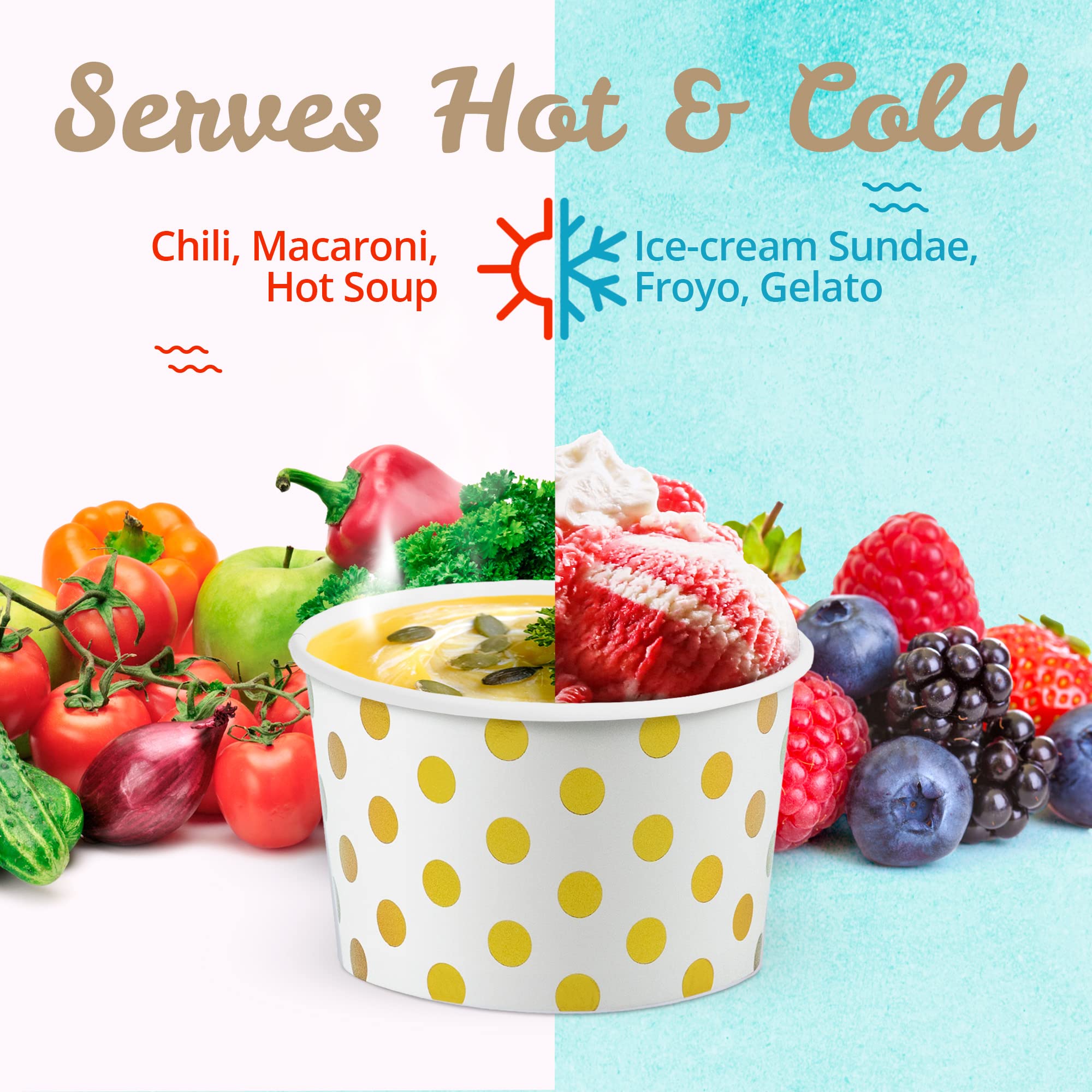 MATICAN 50-Count Paper Ice Cream Cups - 16-Oz Disposable Dessert Bowls with Gold Foil Polka Dots