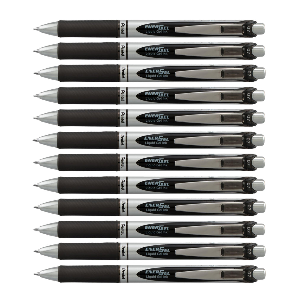 Pentel EnerGel Deluxe RTX Gel Pens, 0.7 mm Metal Tip, Black/Silver Barrel, Black Ink, 12 Each (BL77-A)