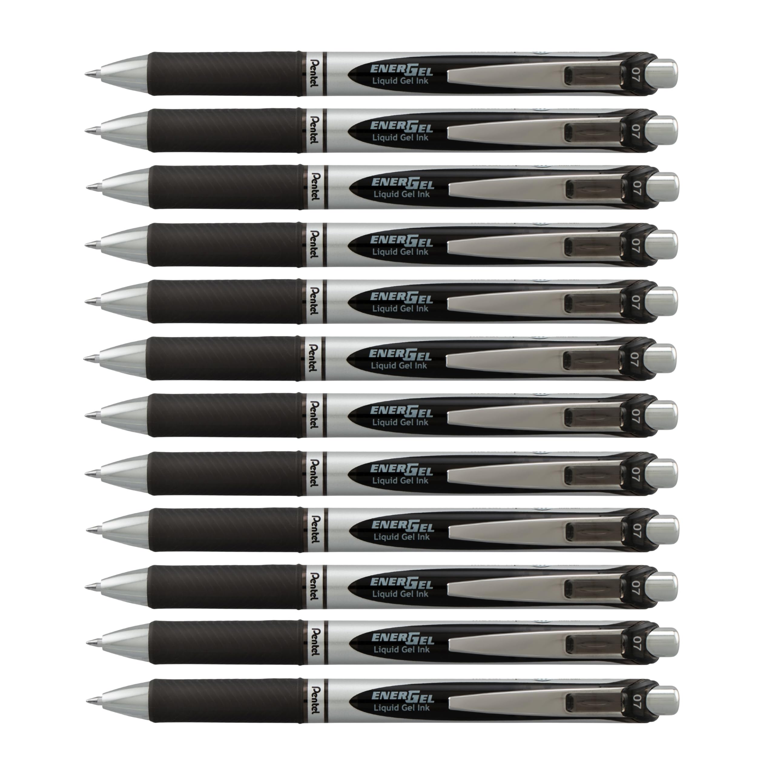 Pentel EnerGel Deluxe RTX Gel Pens, 0.7 mm Metal Tip, Black/Silver Barrel, Black Ink, 12 Each (BL77-A)