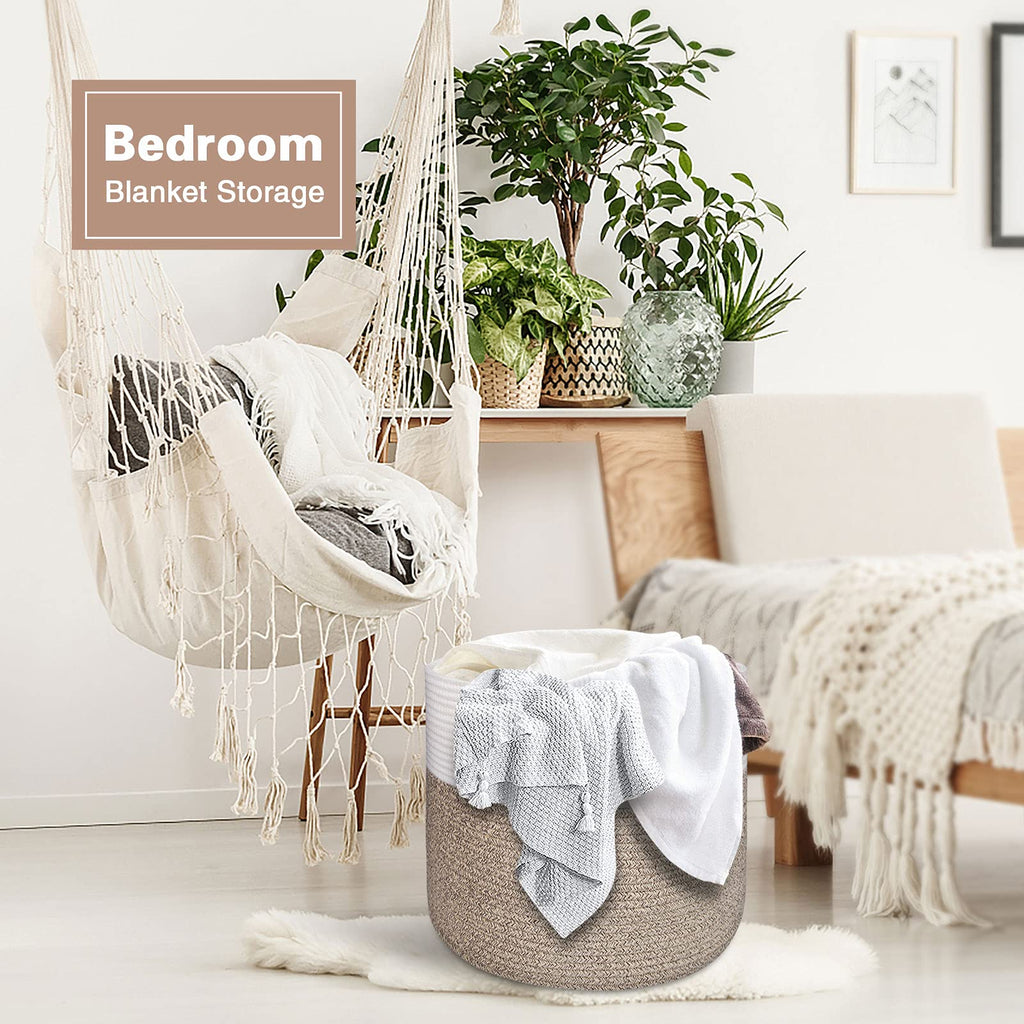MicroIdeas Large Woven Basket 15.8x13.8in, Cotton Rope Baskets living room, Laundry Basket, Toy Bin, Decorative Round Baskets Storage Organization for Blanket Throw Decor - White Brown