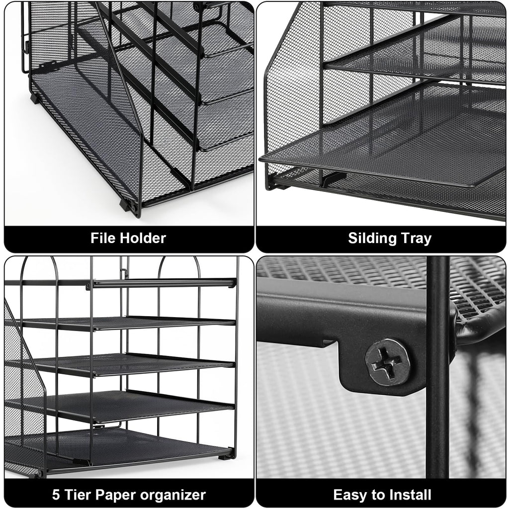 Desk Organizer with File Holder, 5-Tier Paper Letter Tray, Mesh Desktop Office Supplies with Magazine Holder for Books, Letter Tray Paper Organizer for School, Home, Office