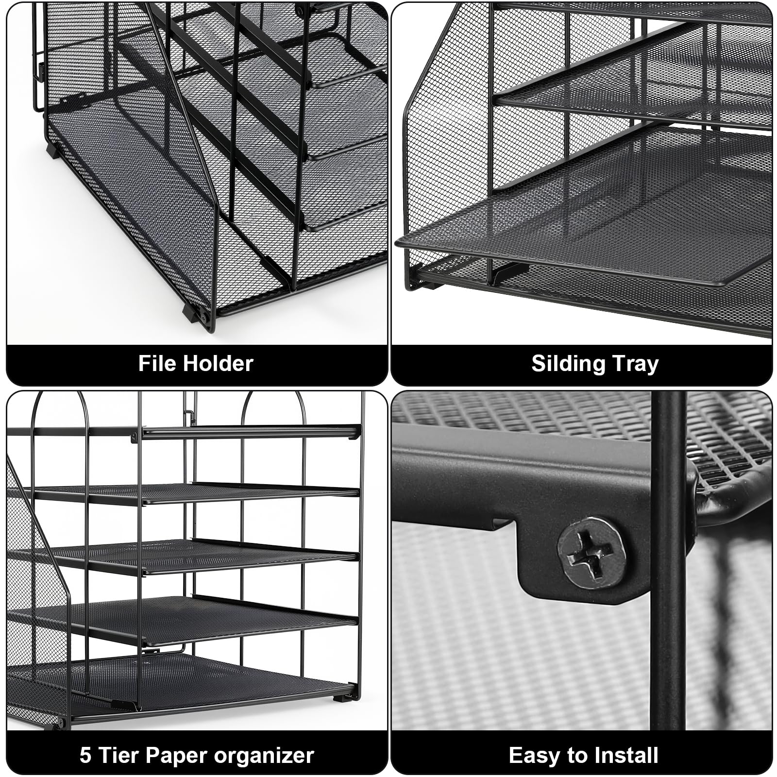 Desk Organizer with File Holder, 5-Tier Paper Letter Tray, Mesh Desktop Office Supplies with Magazine Holder for Books, Letter Tray Paper Organizer for School, Home, Office