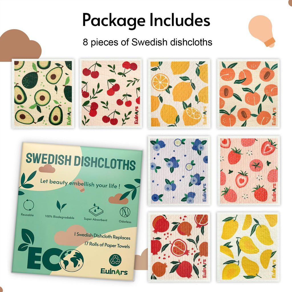 Eulnars Swedish Dish Cloth, 8 Pack Fruit Swedish Dishcloths for Kitchen, Reusable Paper Towels Washable, Biodegradable, Non-Scratch Cellulose Sponge Cloths, No Odor
