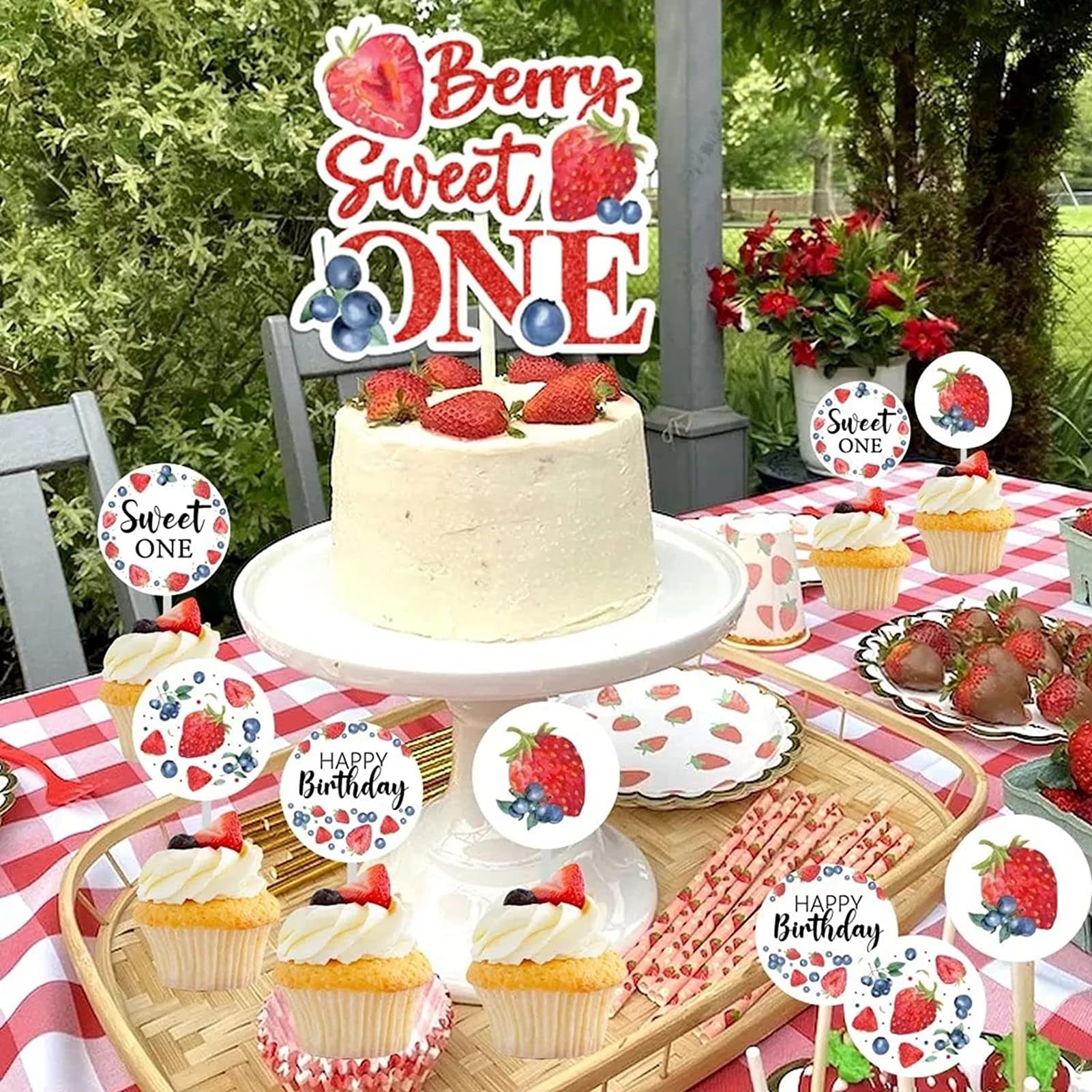Strawberry Birthday Party Disposable Tableware Set with Plates, Napkins and Banners for Fruit Party, Picnic, Wedding, Baby Shower, 20 Guests (Strawberry 1#)