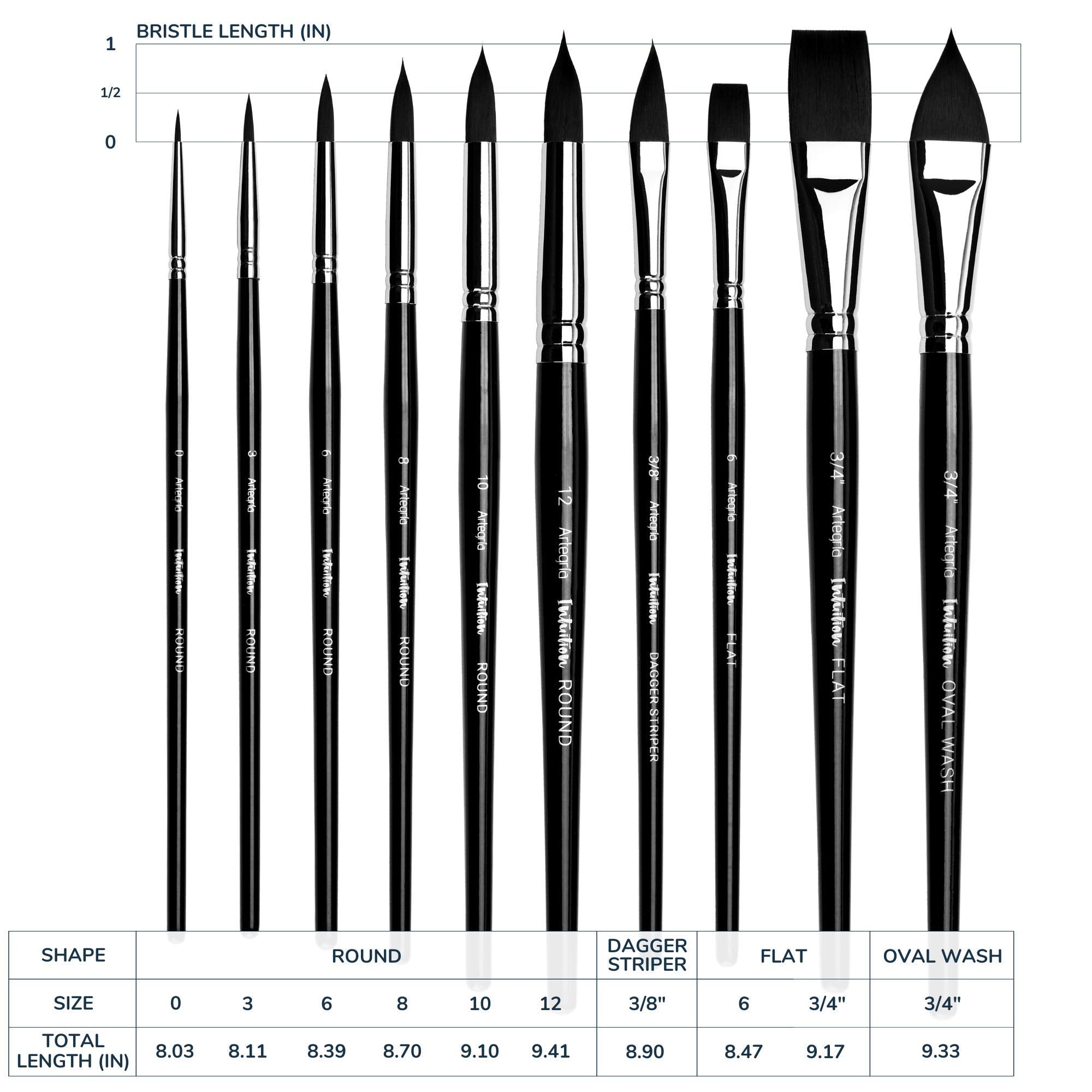 ARTEGRIA Watercolor Brush Set, 10 Soft Synthetic Squirrel Paint Brushes, Including Pointed Rounds, Flats, Dagger, Oval Wash